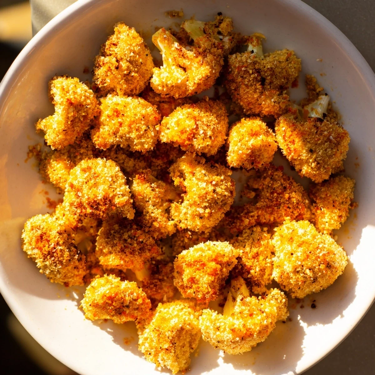 Golden, crispy Air-Fryer Buffalo Cauliflower Bites ready to eat, served with tangy dipping sauce.