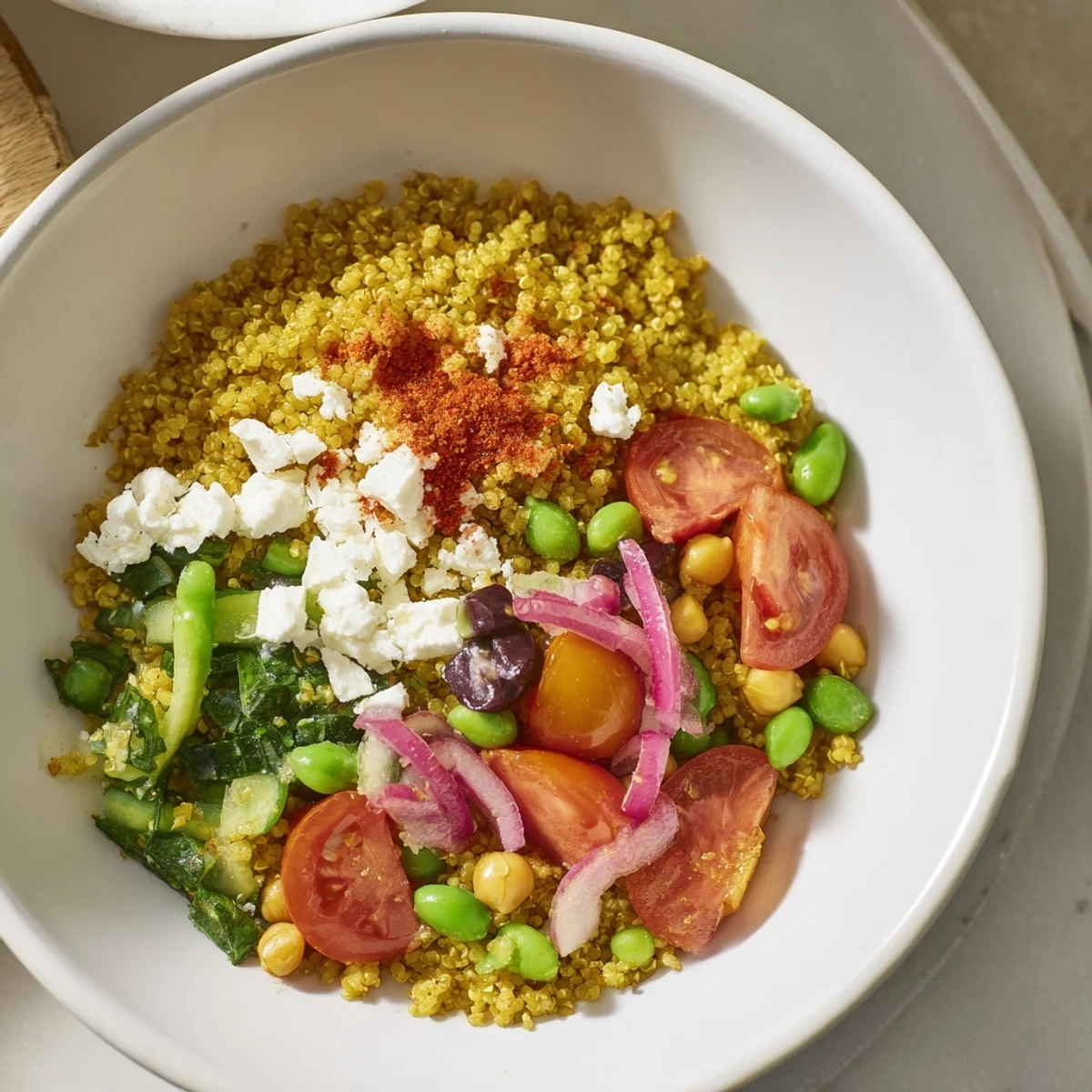 Mediterranean Grain Bowl with roasted chickpeas and feta, a colorful, healthy meal brimming with fresh flavors.