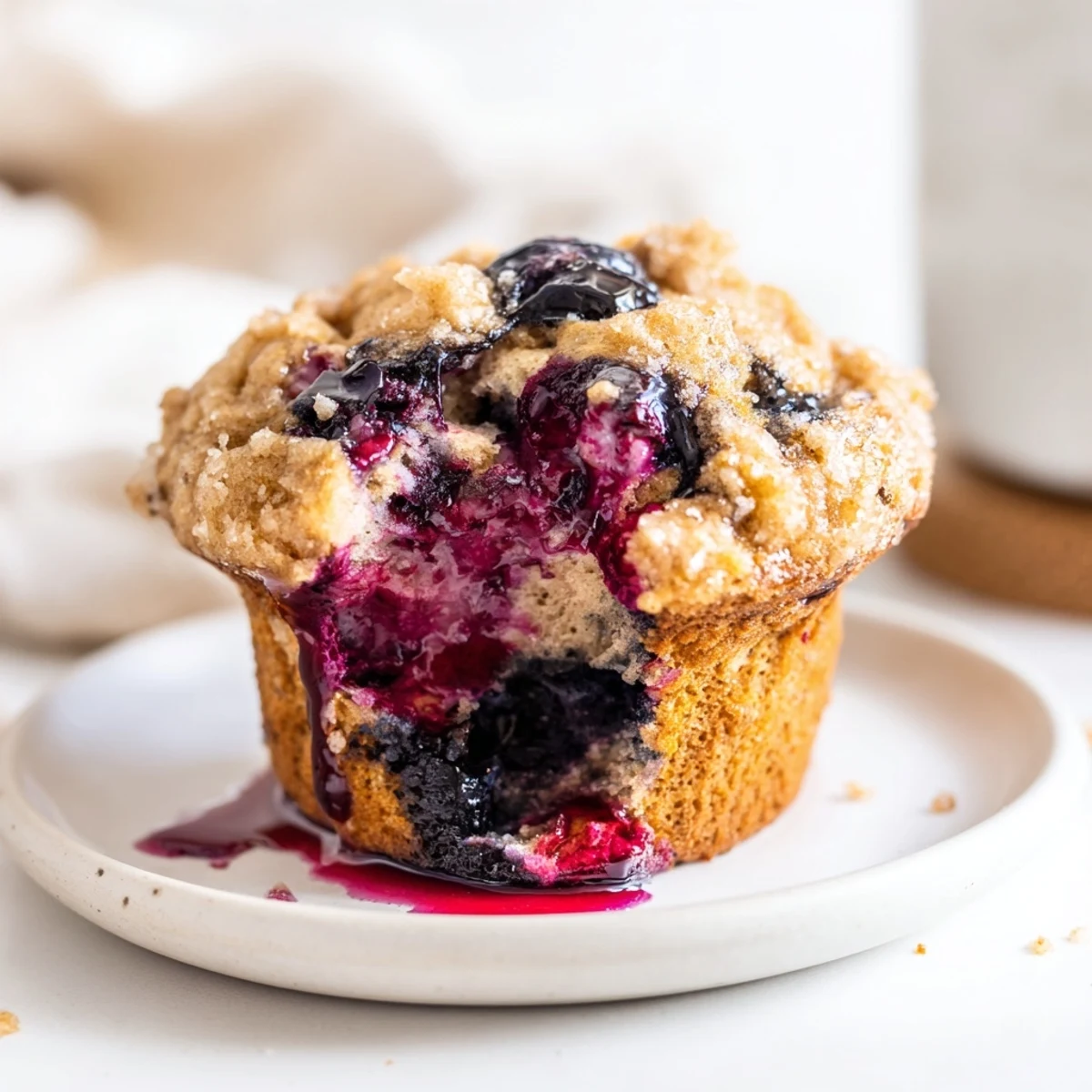 Golden-brown Fluffy Homemade Blueberry Muffins, topped with sweet streusel, perfect for breakfast.