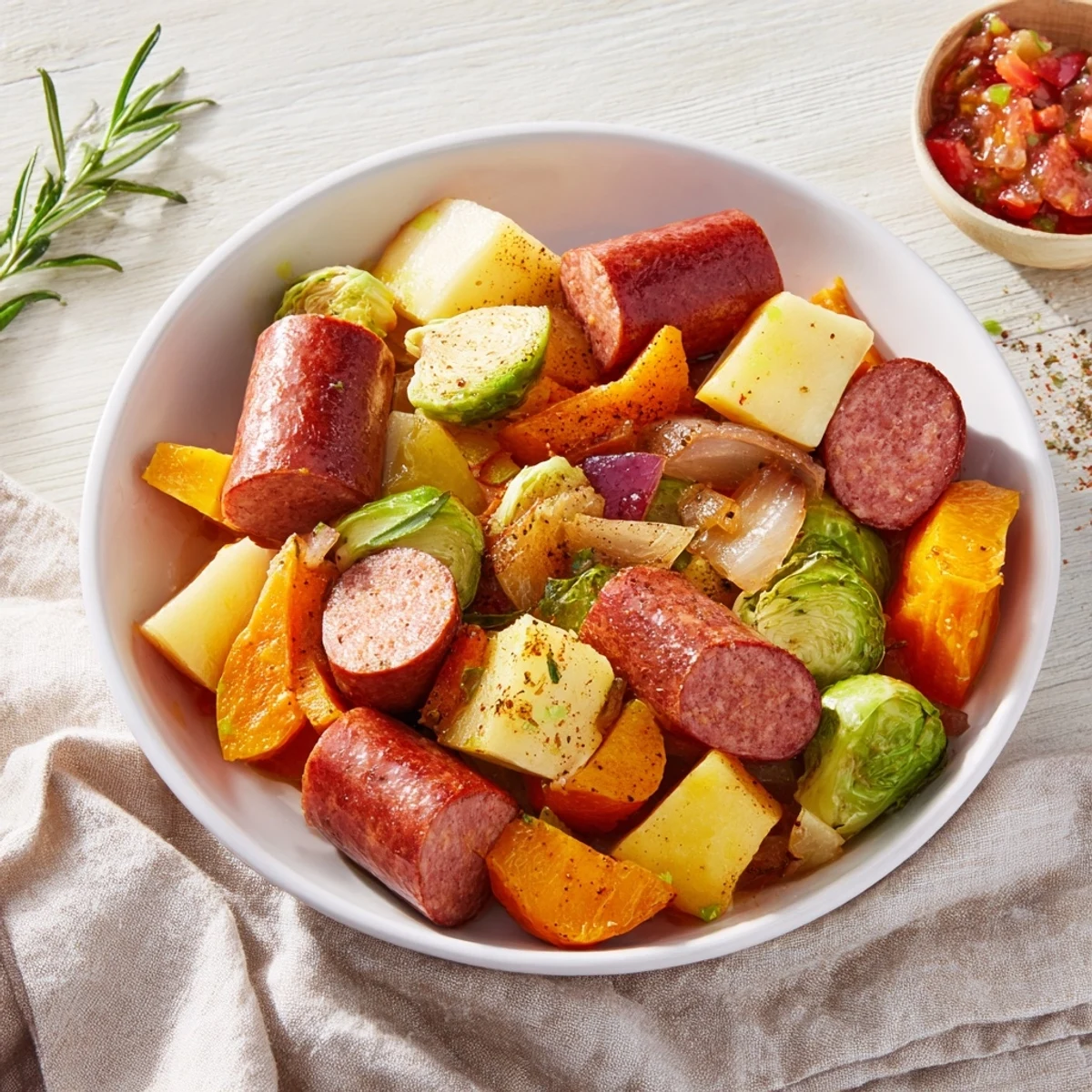 Golden-brown Hearty Sheet Pan Sausage and Autumn Veggie Medley, ready to serve with fresh parsley garnish.