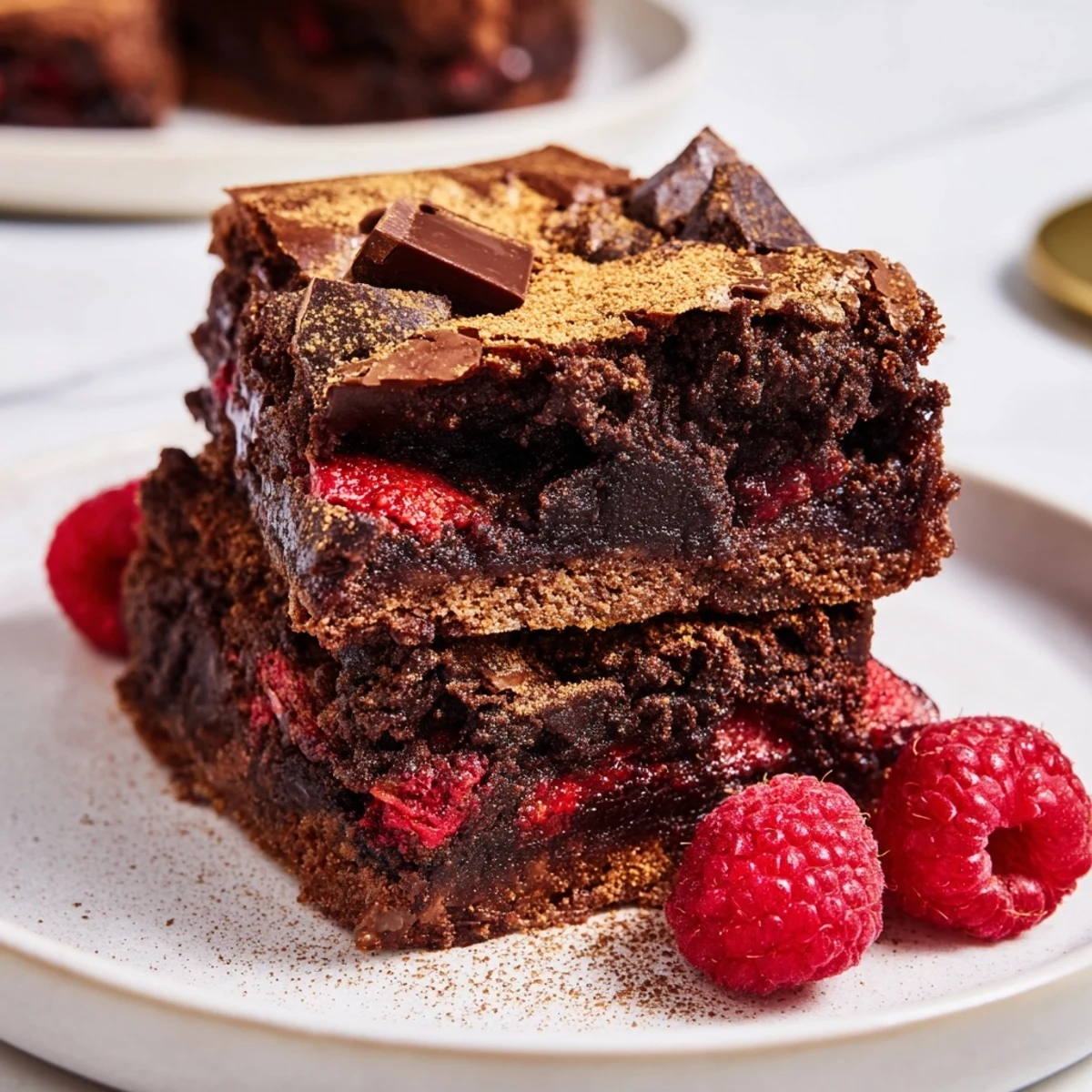 A slice of fresh-baked Decadent Dark Chocolate Brownie Tart, ready to serve with berries and whipped cream.