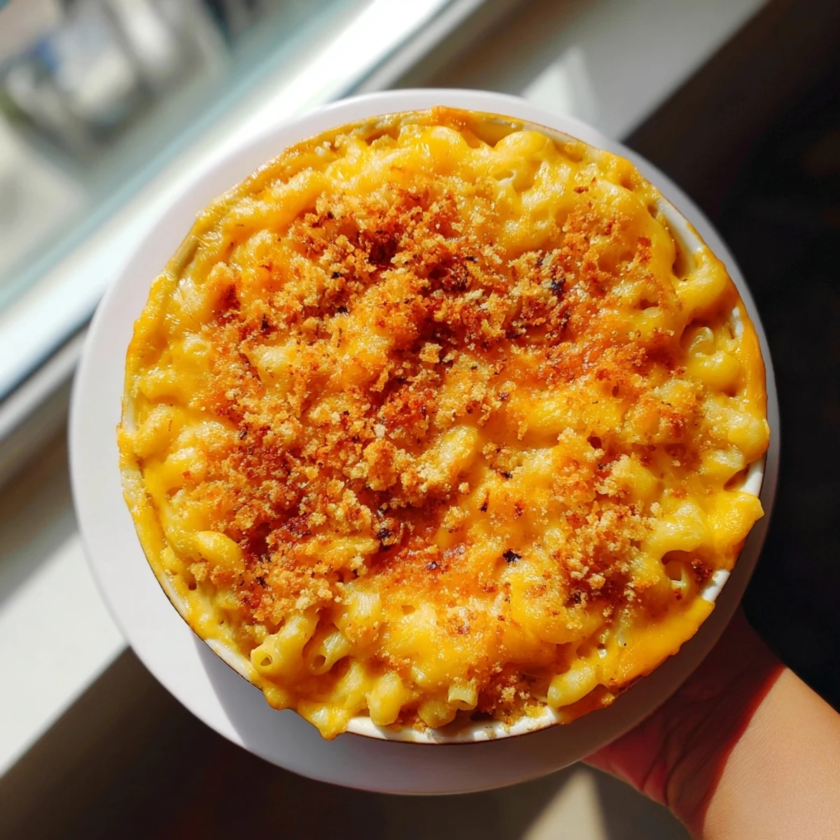 Golden-topped, bubbling Classic Oven-Baked Macaroni and Cheese, ready to serve for a comforting family meal.