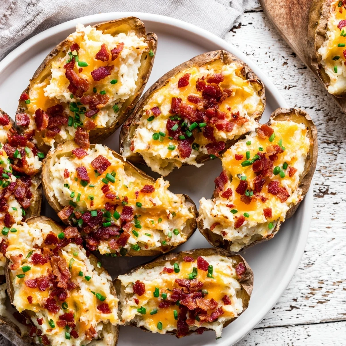 Golden brown loaded sweet potato skins feature crispy bacon bits and fresh chives for a hearty snack.