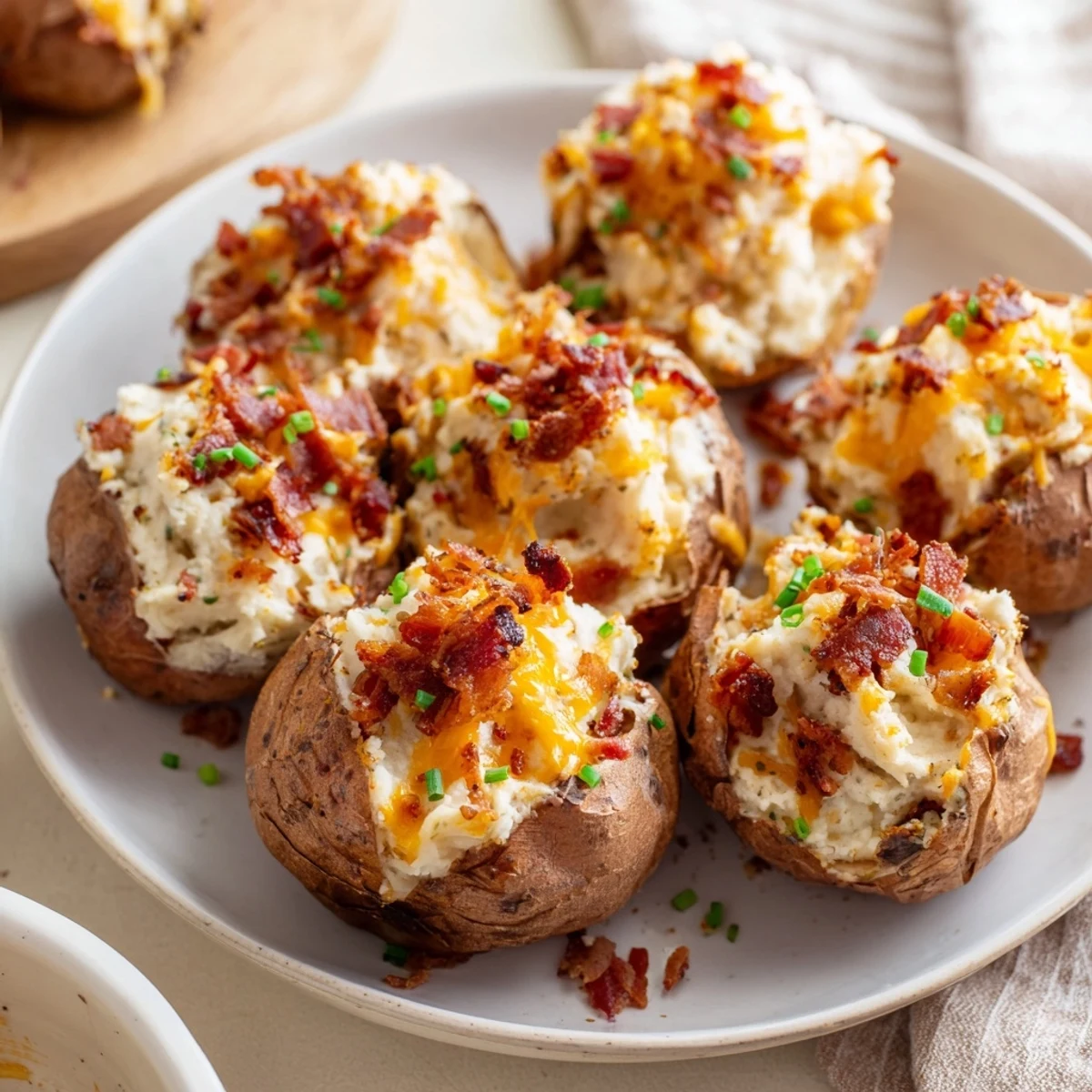 Savory loaded sweet potato skins, baked until bubbly, are topped with melted cheese and crumbled bacon.