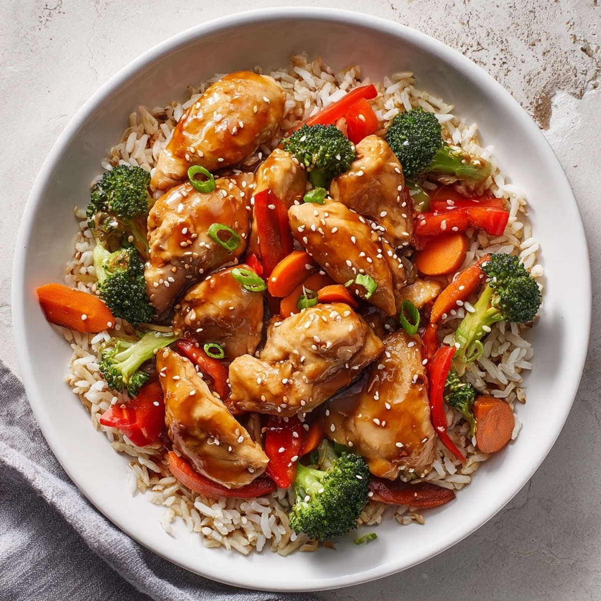 A steaming pan of One-Pot Teriyaki Chicken and Rice Bake with glistening chicken and vibrant veggies.