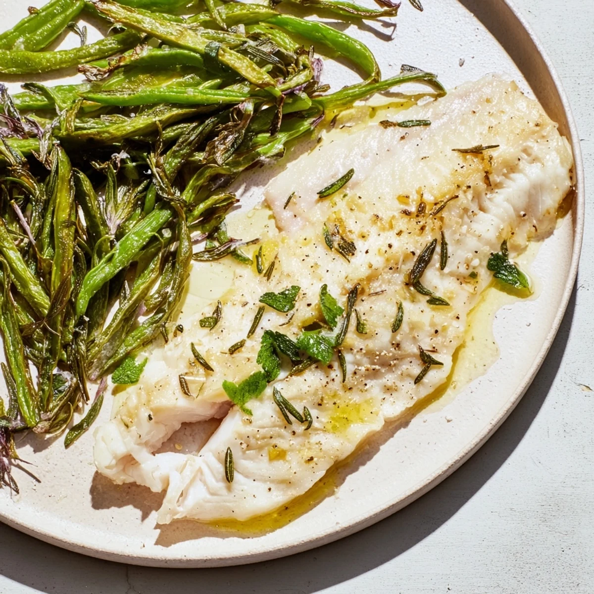 Golden-brown Sheet Pan Lemon Herb Tilapia resting next to perfectly roasted green beans bathed in juices.
