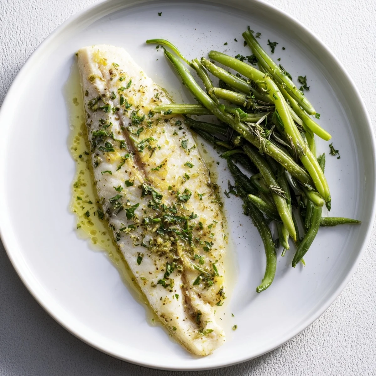 Freshly baked Sheet Pan Lemon Herb Tilapia, brightened with herbs and lemon served with green beans on a sheet pan.