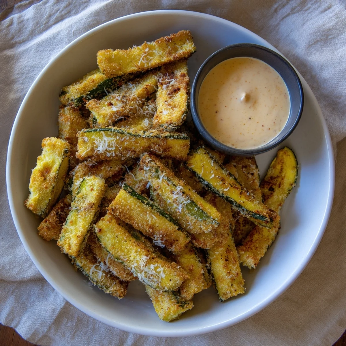 Close-up of baked Parmesan zucchini fries; the crispy coating contrasts with soft insides.