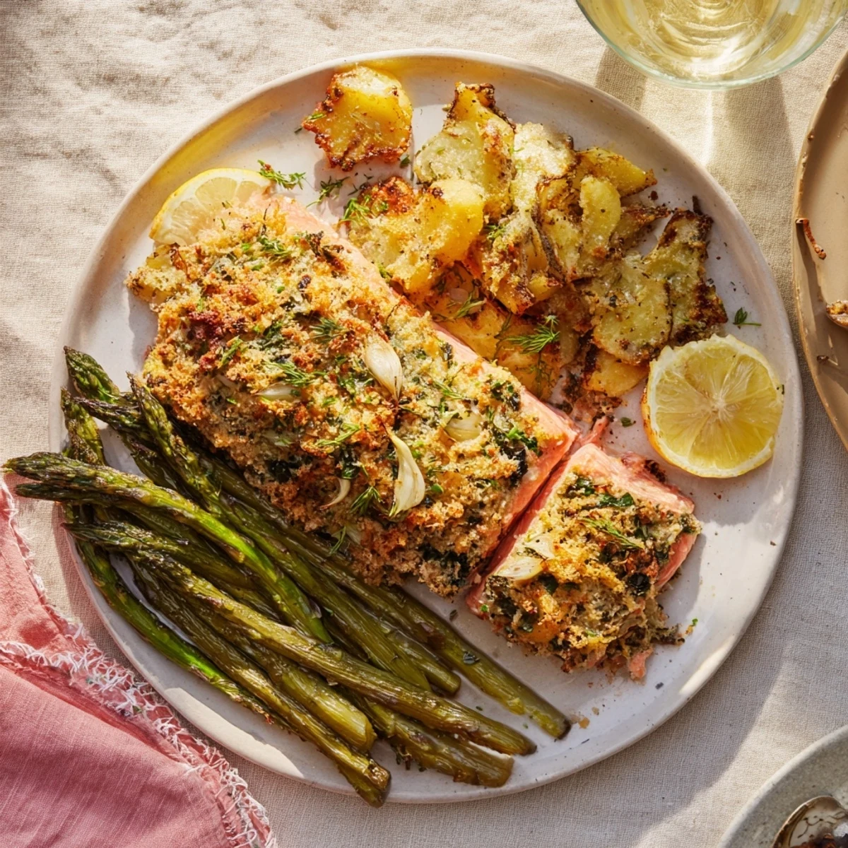 A flaky, golden brown Easy Herb-Crusted Salmon, perfectly complemented by roasted green asparagus.