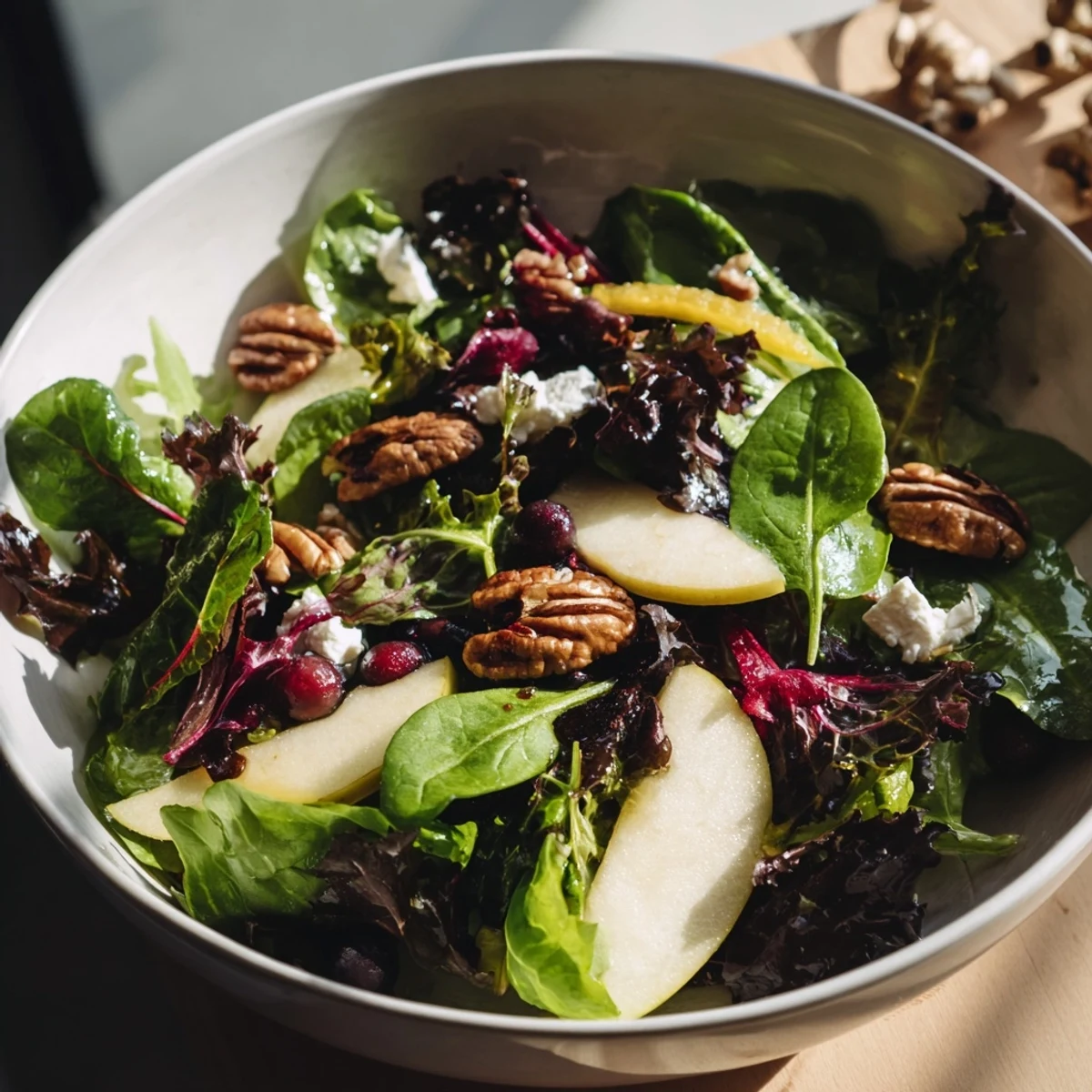 Beautiful Seasonal Cranberry and Walnut Salad with vibrant greens, cranberries, and toasted walnuts, ready to enjoy.