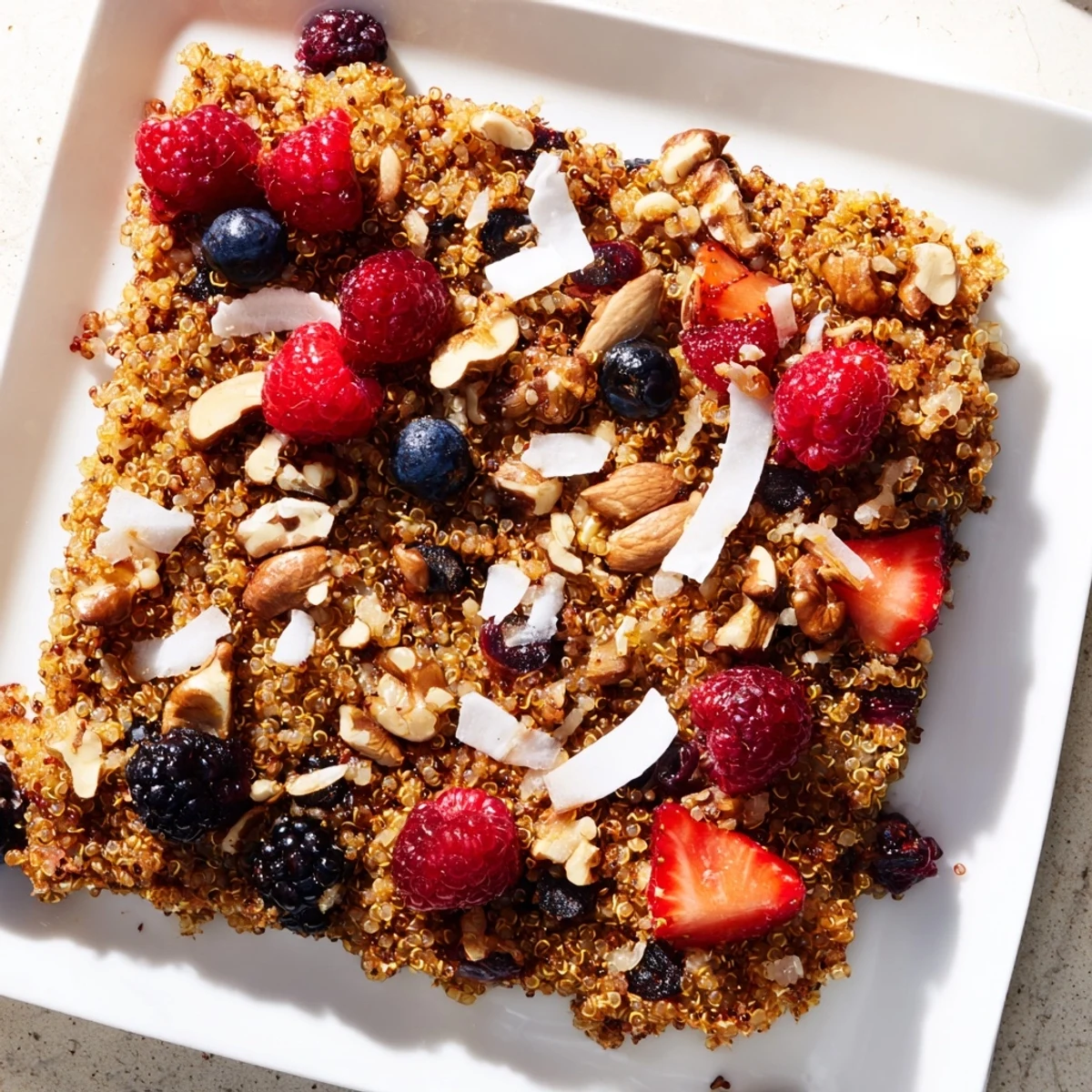 Warm, golden Berry Quinoa Breakfast Bake with plump berries, a comforting vegetarian breakfast idea.