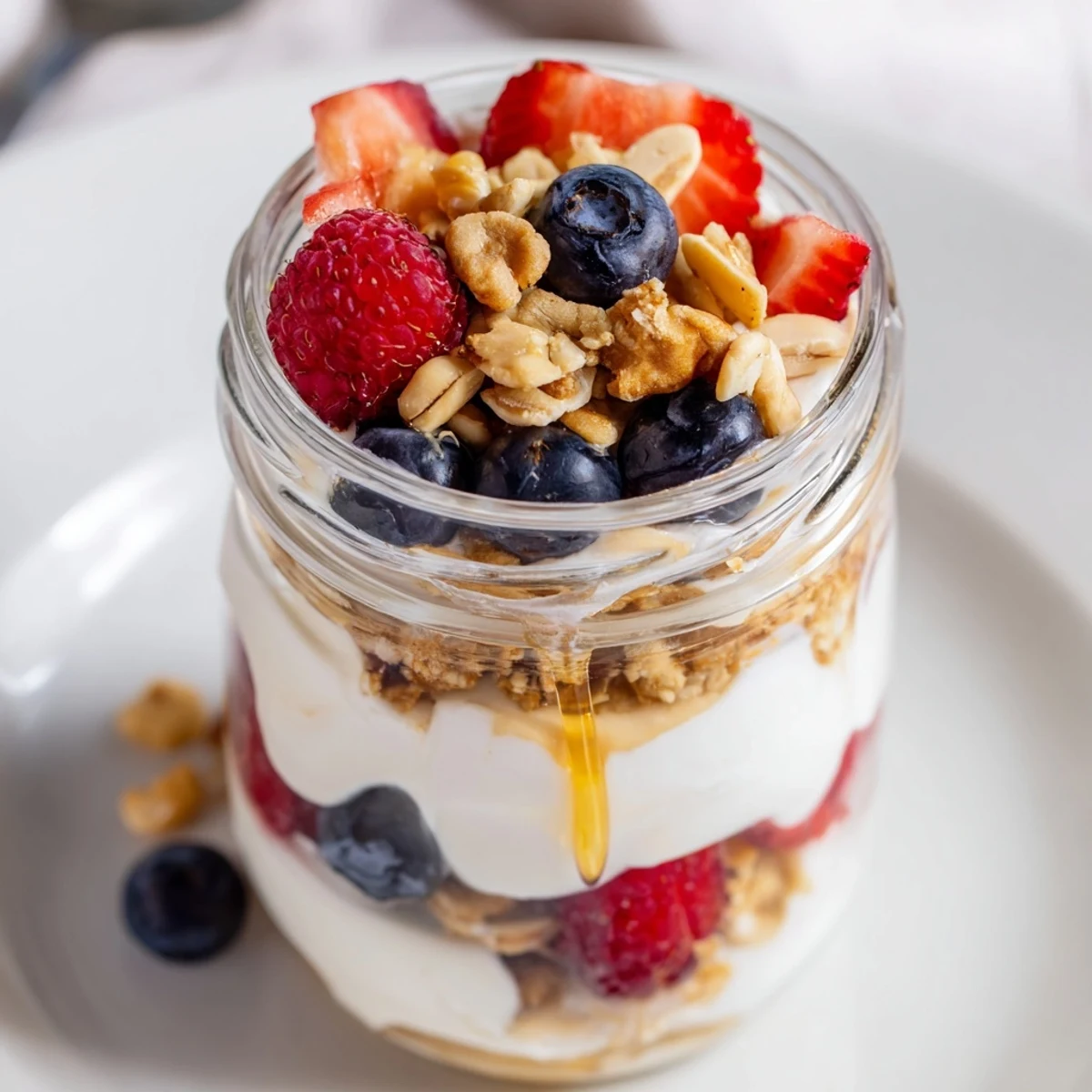 A layered Cashew Butter Yogurt Parfait: berries peek from the creamy yogurt, granola provides crunch.