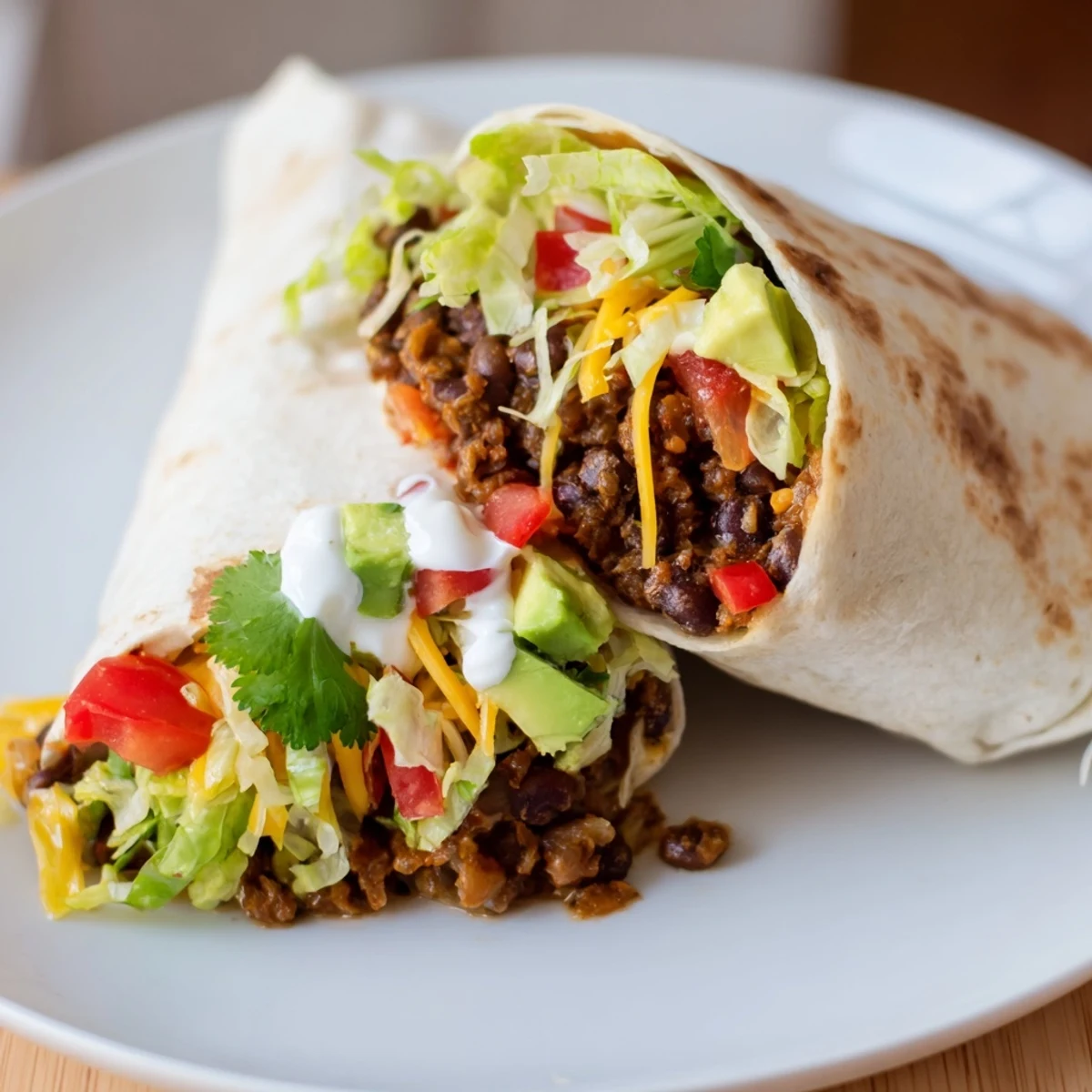 A folded Smoky Black Bean Burrito showing the filling; vibrant toppings include cilantro and sliced avocado.