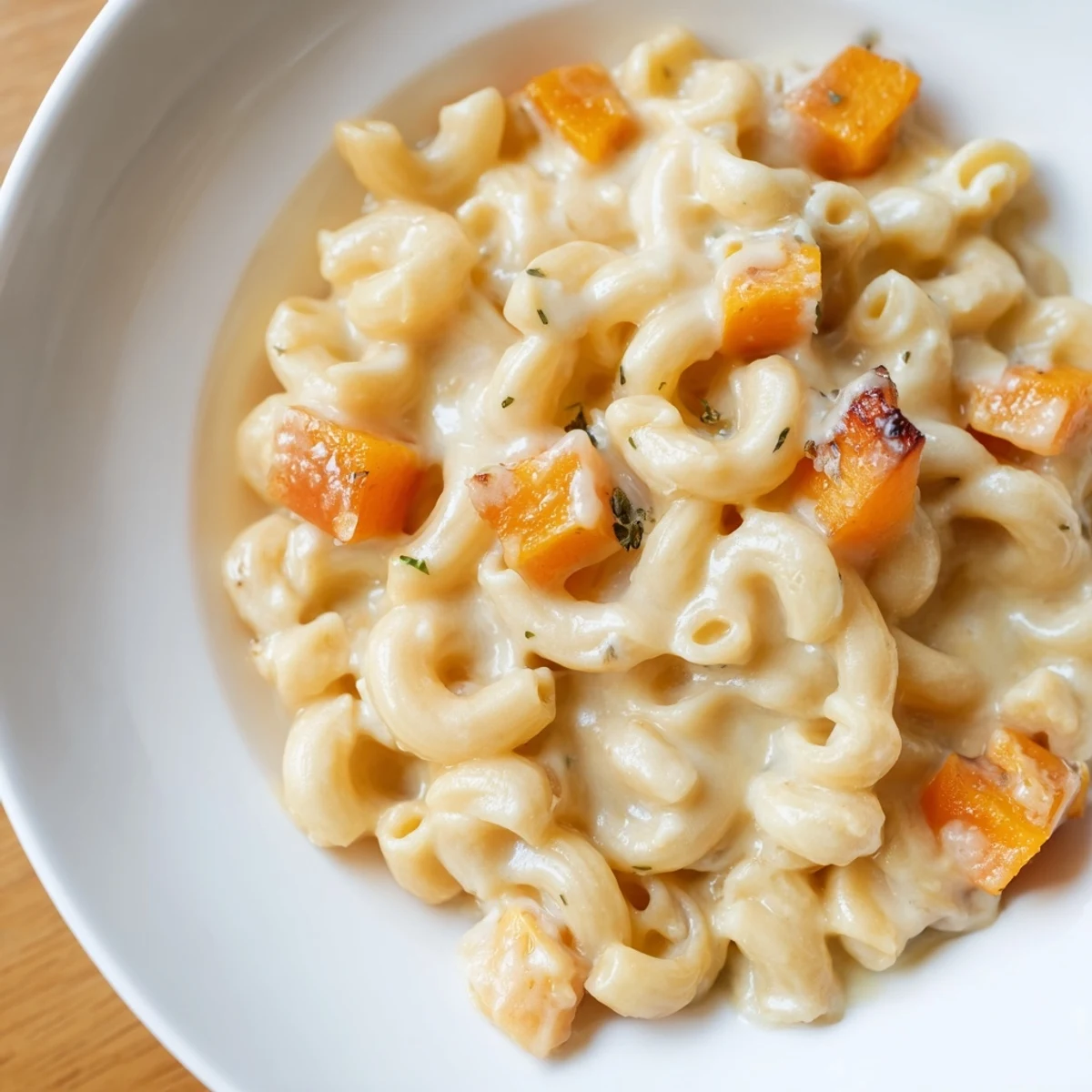 A close-up view of butternut squash mac and cheese, perfectly golden-brown with a creamy cheese sauce.
