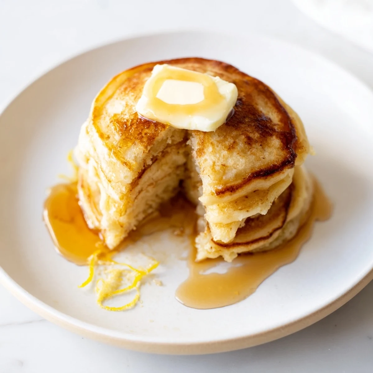 Fluffy lemon ricotta pancakes golden brown, ready to be topped with fresh berries and syrup.