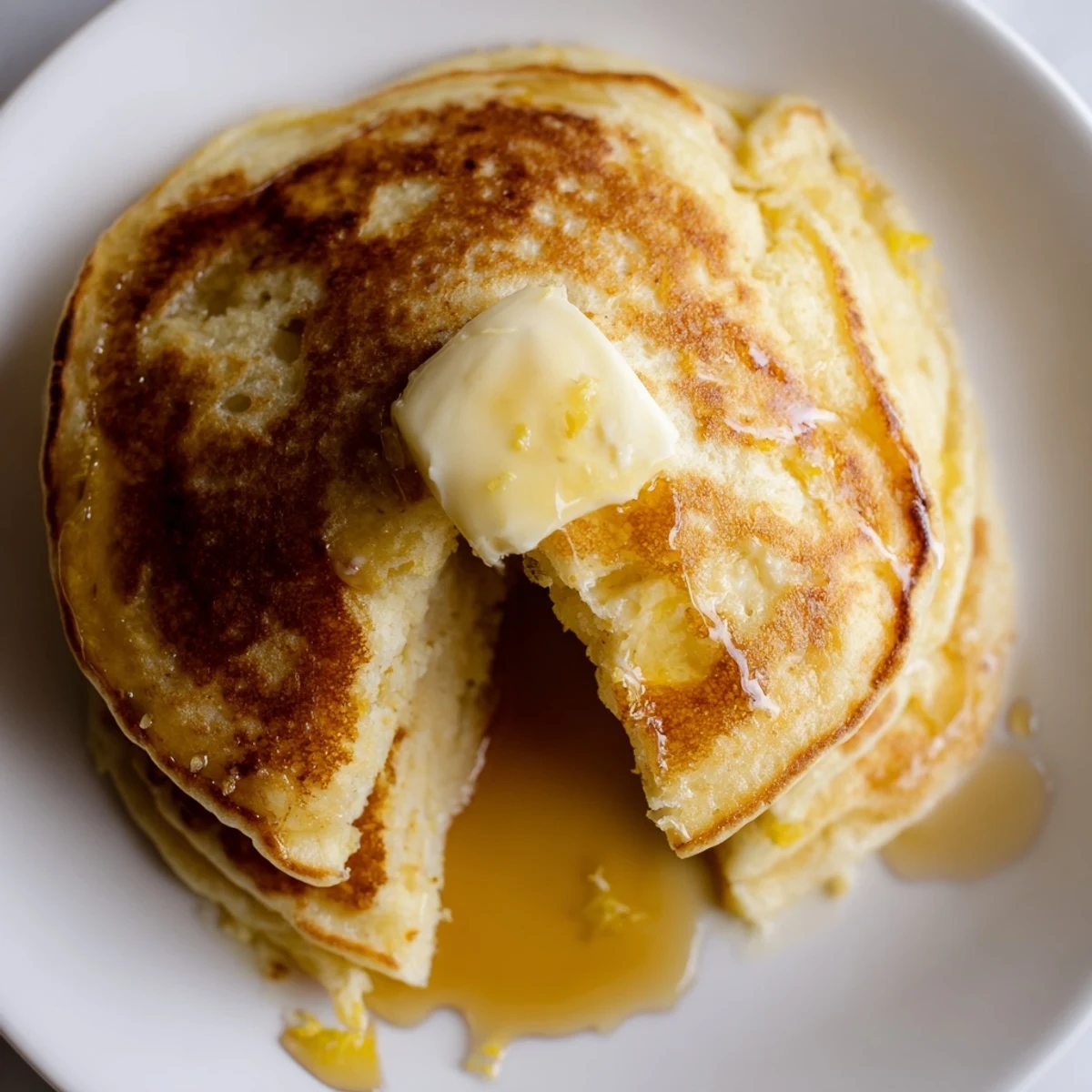 Close-up of golden lemon ricotta pancakes, served with berries – a dreamy breakfast treat.