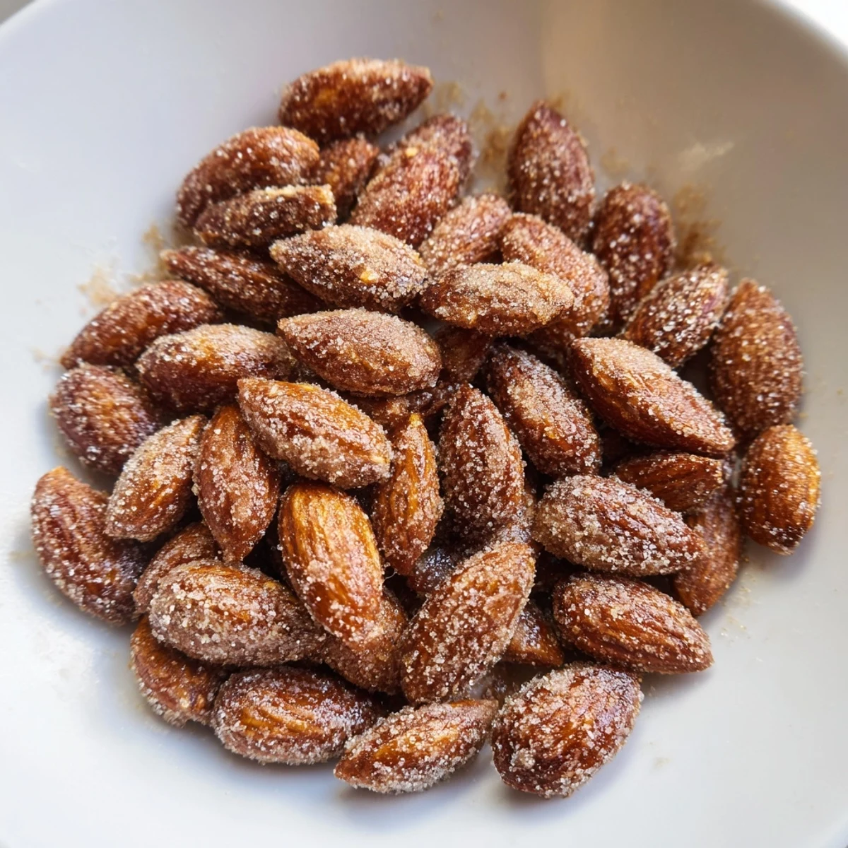 Golden-brown cinnamon roasted almonds, offering a sweet and spiced crunch perfect for snacking.