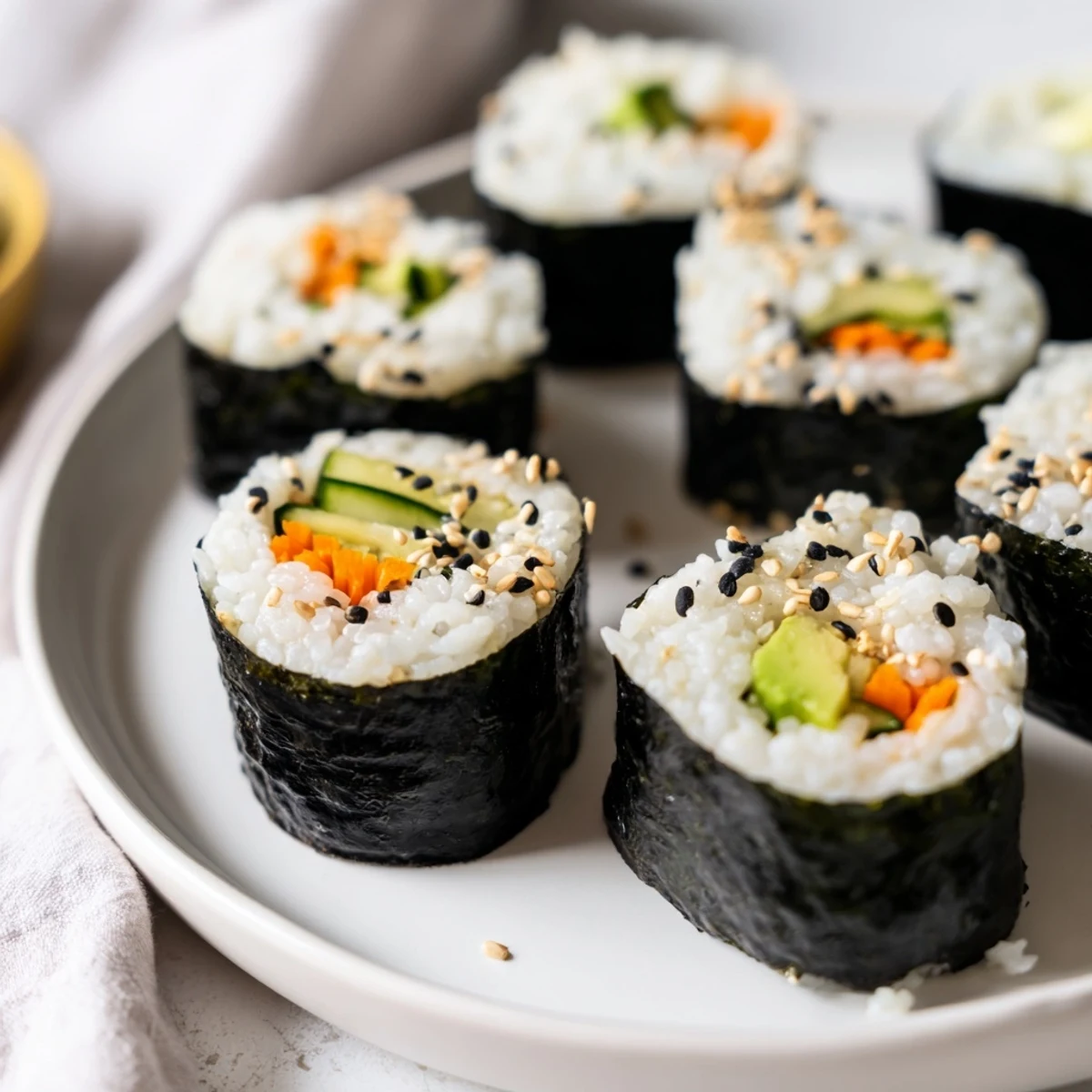 Close-up of vibrant Avocado Cucumber Sushi, showcasing perfectly rolled vegan sushi filled with fresh ingredients.