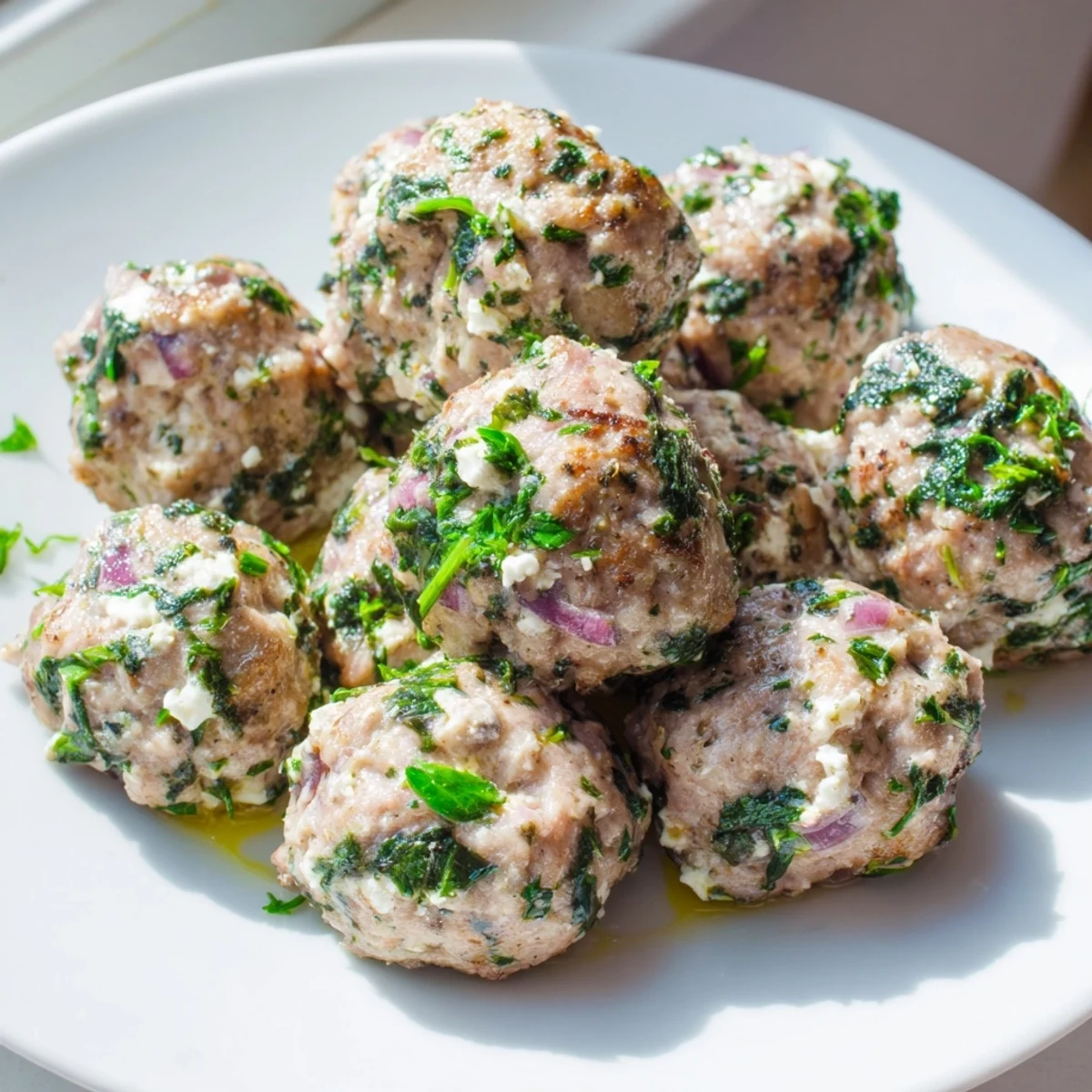Golden-brown spinach feta turkey meatballs, served on a white plate with fresh parsley, ready to eat.
