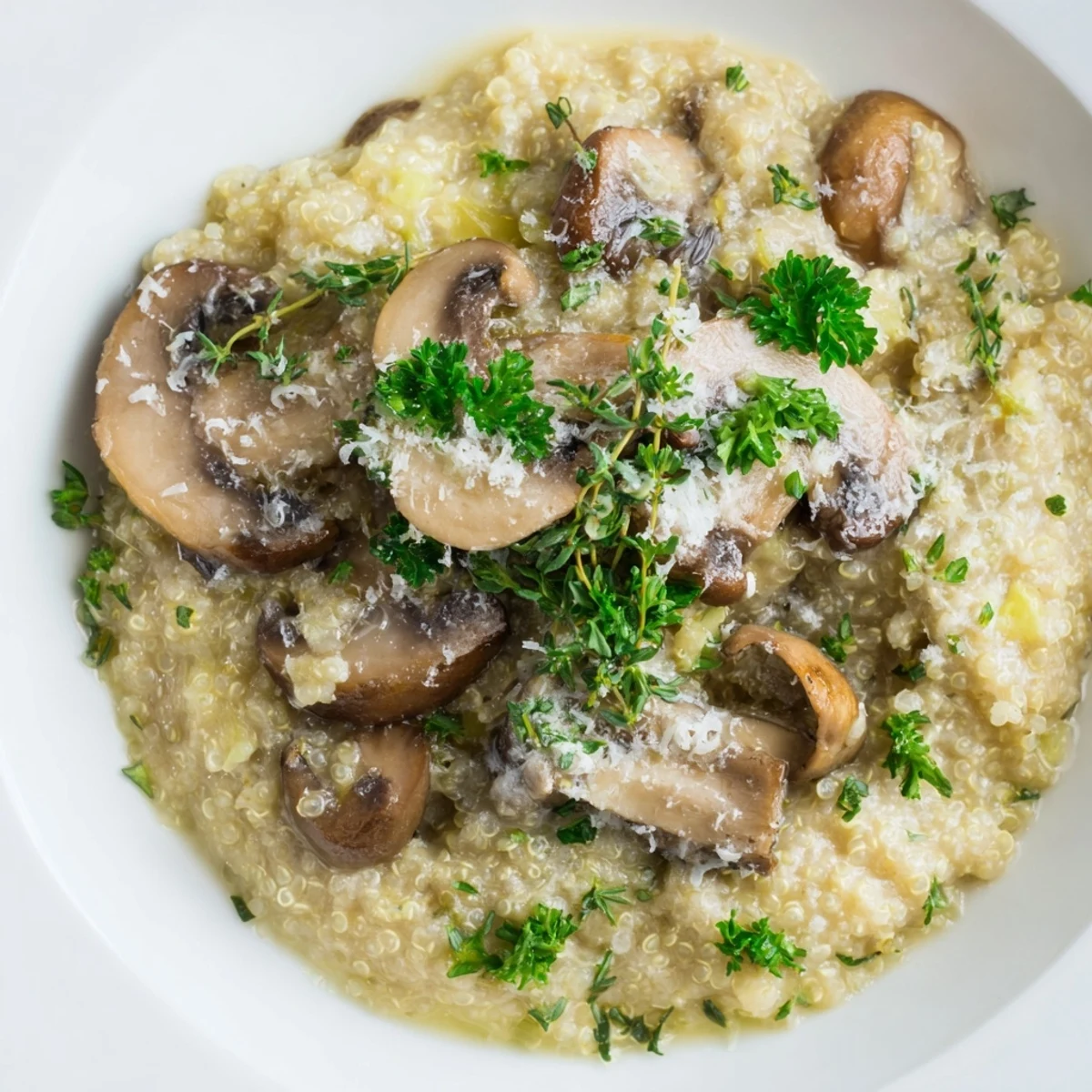 A vibrant bowl of Mushroom Quinoa Risotto, creamy and garnished with parsley, ready to enjoy.
