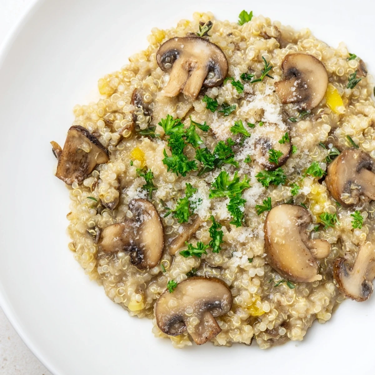 Earthy Mushroom Quinoa Risotto simmering in a pot, a comforting vegetarian main course.
