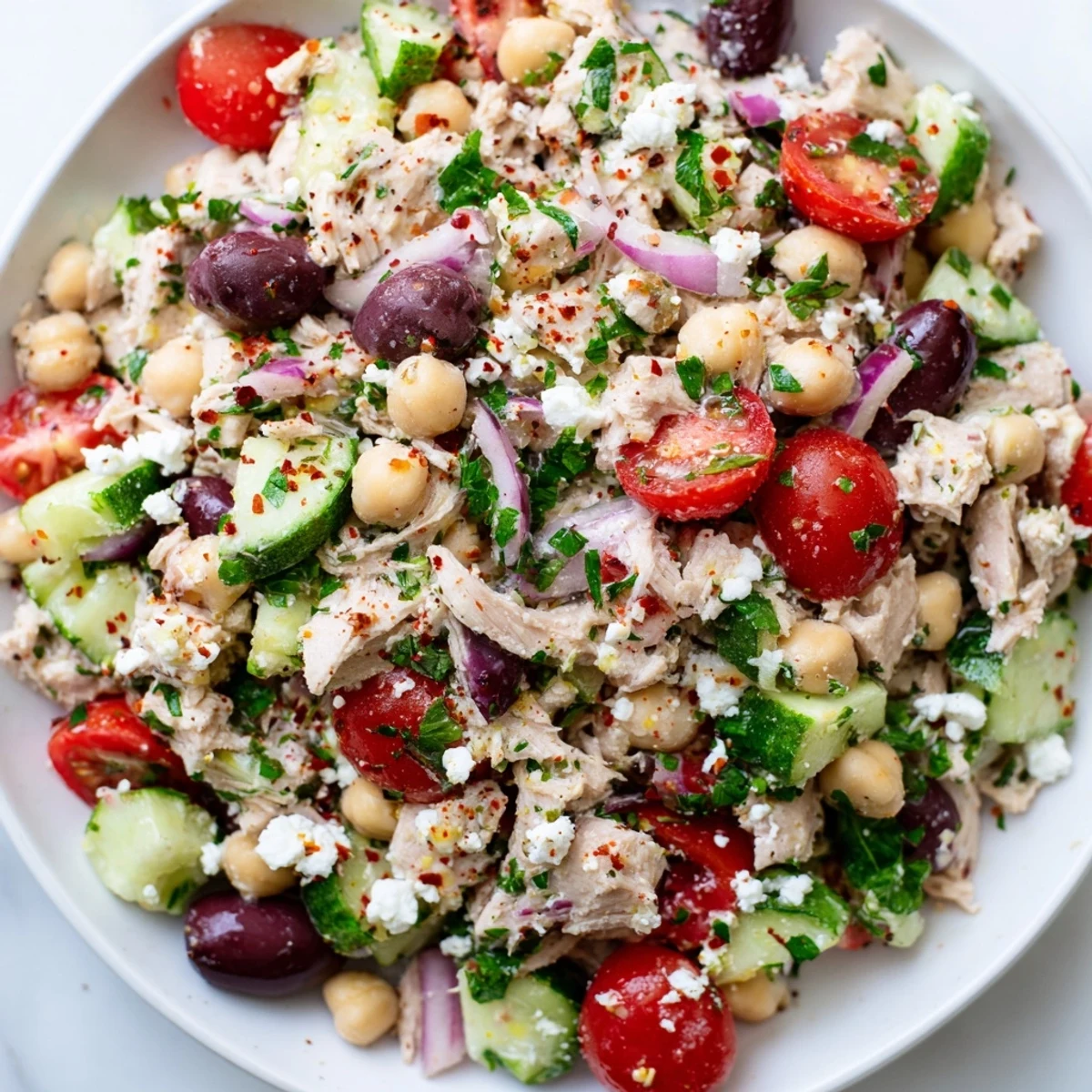 Tuna Chickpea Salad, a refreshing bowl with vibrant tomatoes and tender tuna chunks, ready to enjoy.