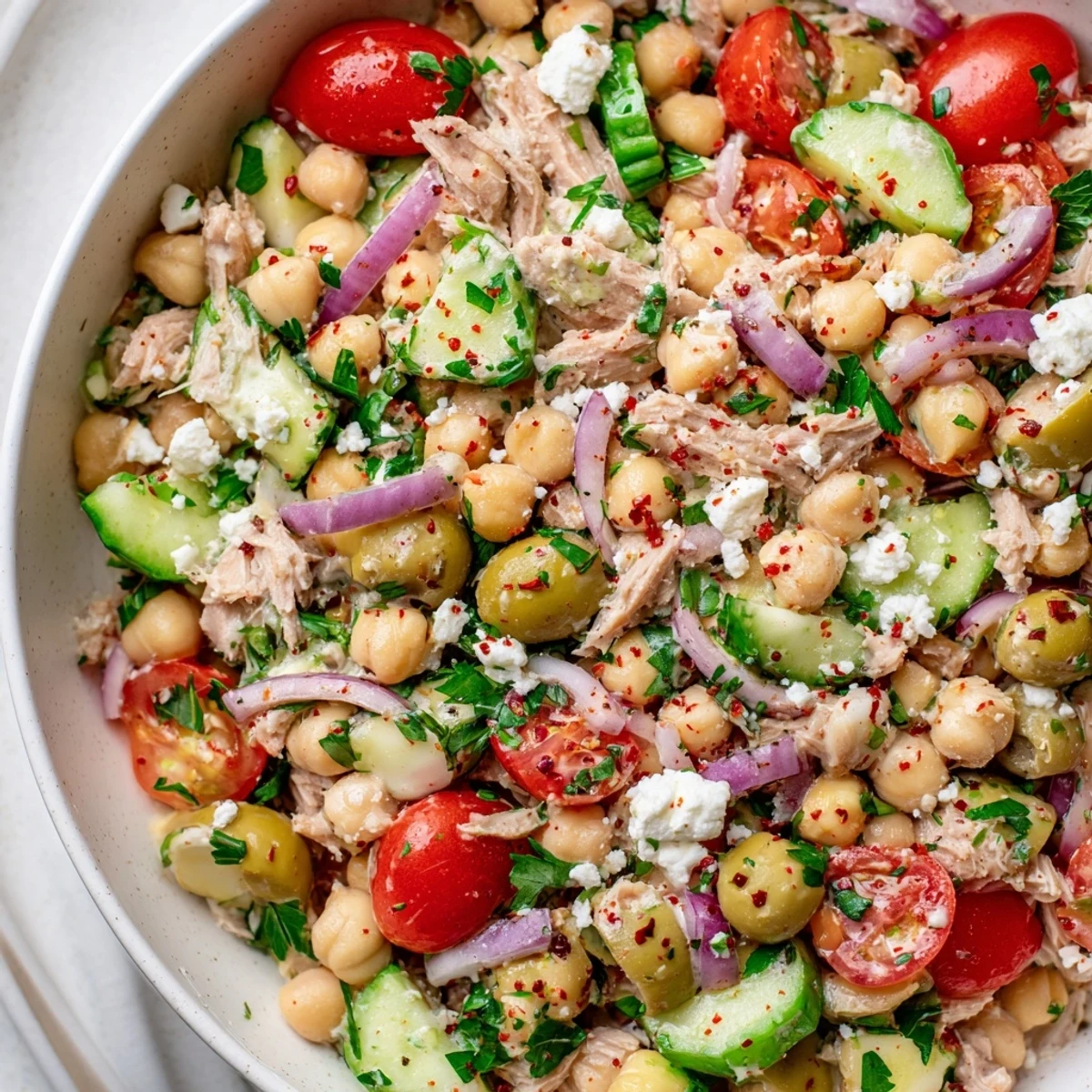 Flavorful Tuna Chickpea Salad overflowing with colorful vegetables, a quick and easy lunchtime favorite.