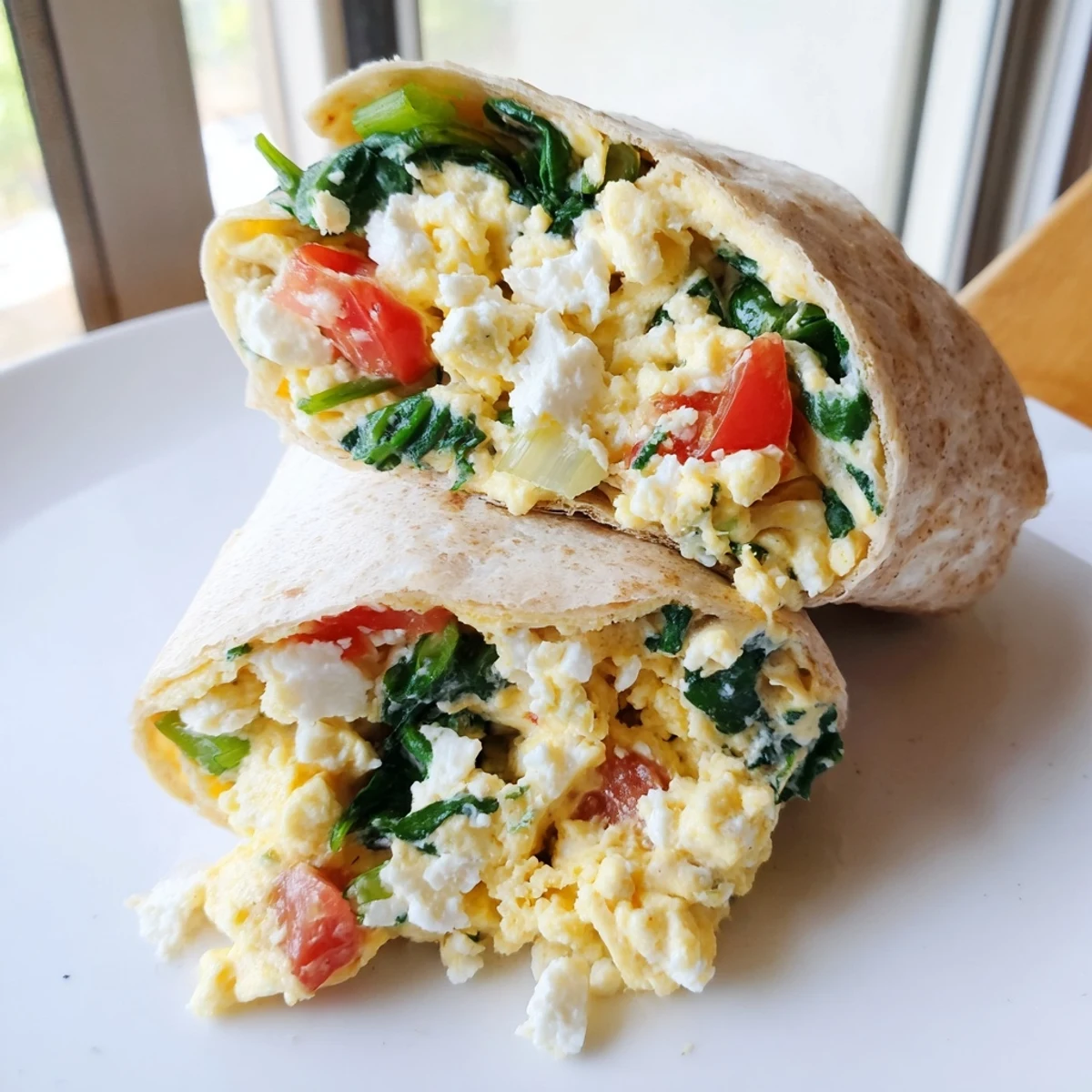 Fluffy feta egg wrap, a Mediterranean-inspired breakfast filled with creamy eggs and fresh veggies.