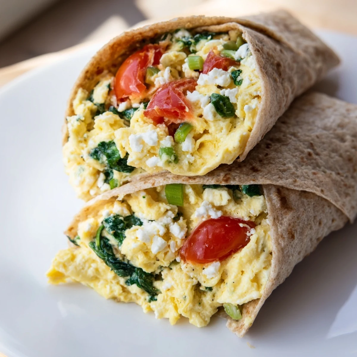 Visualize a perfectly rolled feta egg wrap, showcasing a healthy breakfast with flavorful ingredients.