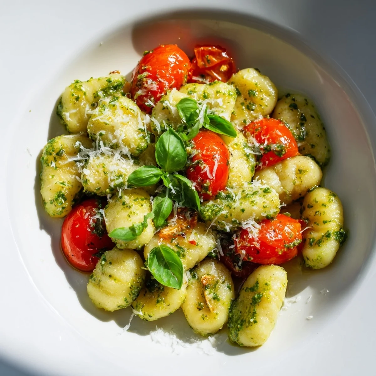 Golden-brown crispy gnocchi with vibrant green pesto, tomatoes, and Parmesan cheese, ready to eat.