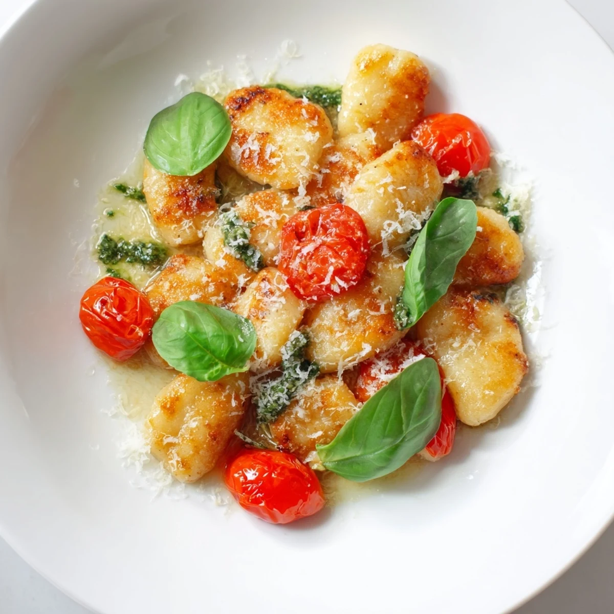 Close-up of crispy gnocchi, tossed generously with pesto and topped with fresh cherry tomatoes.