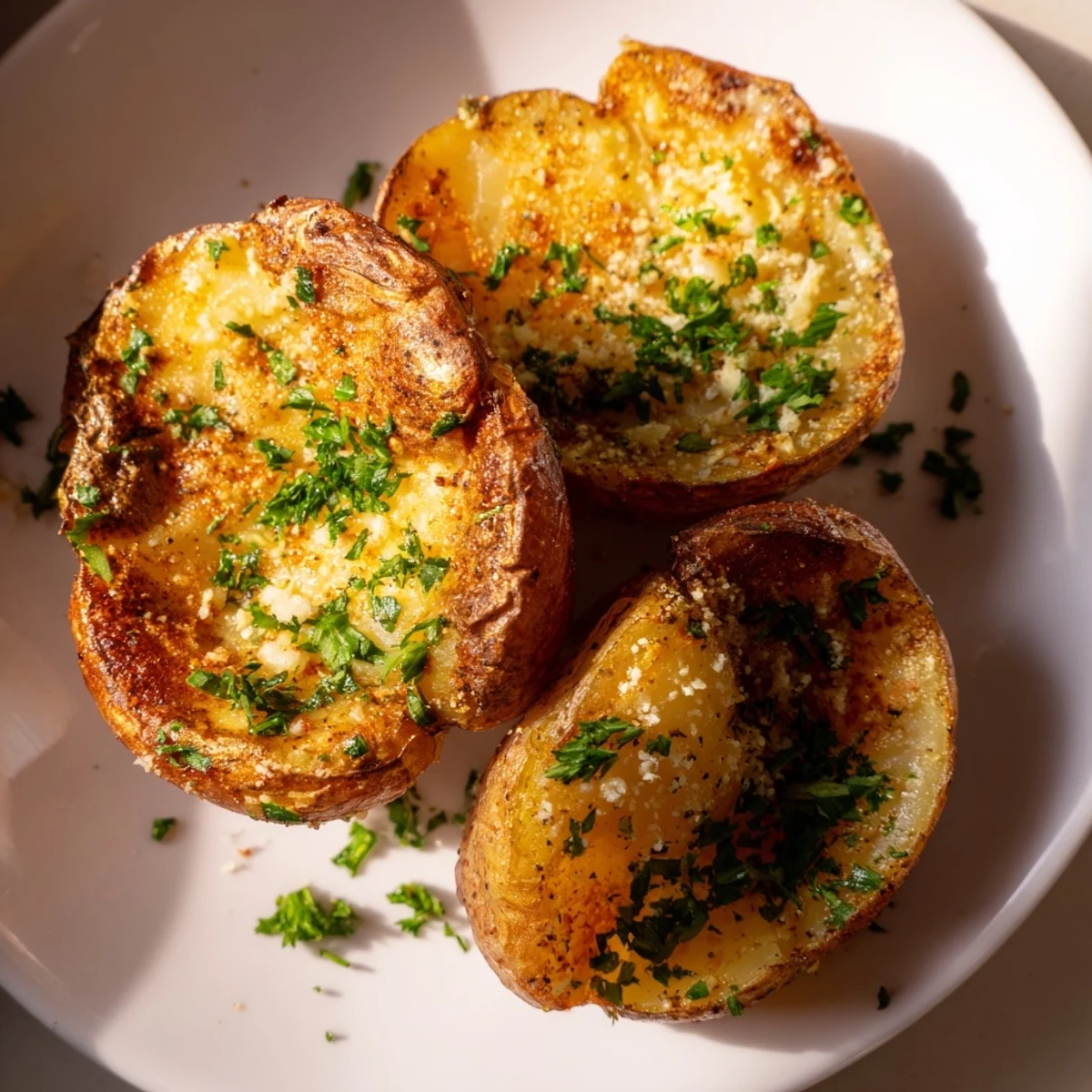 Golden, crispy Garlic Parmesan Potatoes fresh from the oven, ready to enjoy with a savory dipping sauce.