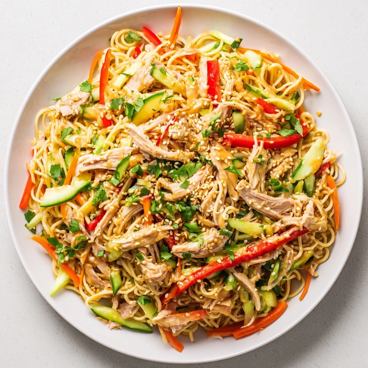 This Chilled Chicken Noodle Salad presents a refreshing mix of noodles, crisp vegetables, and savory sauce.
