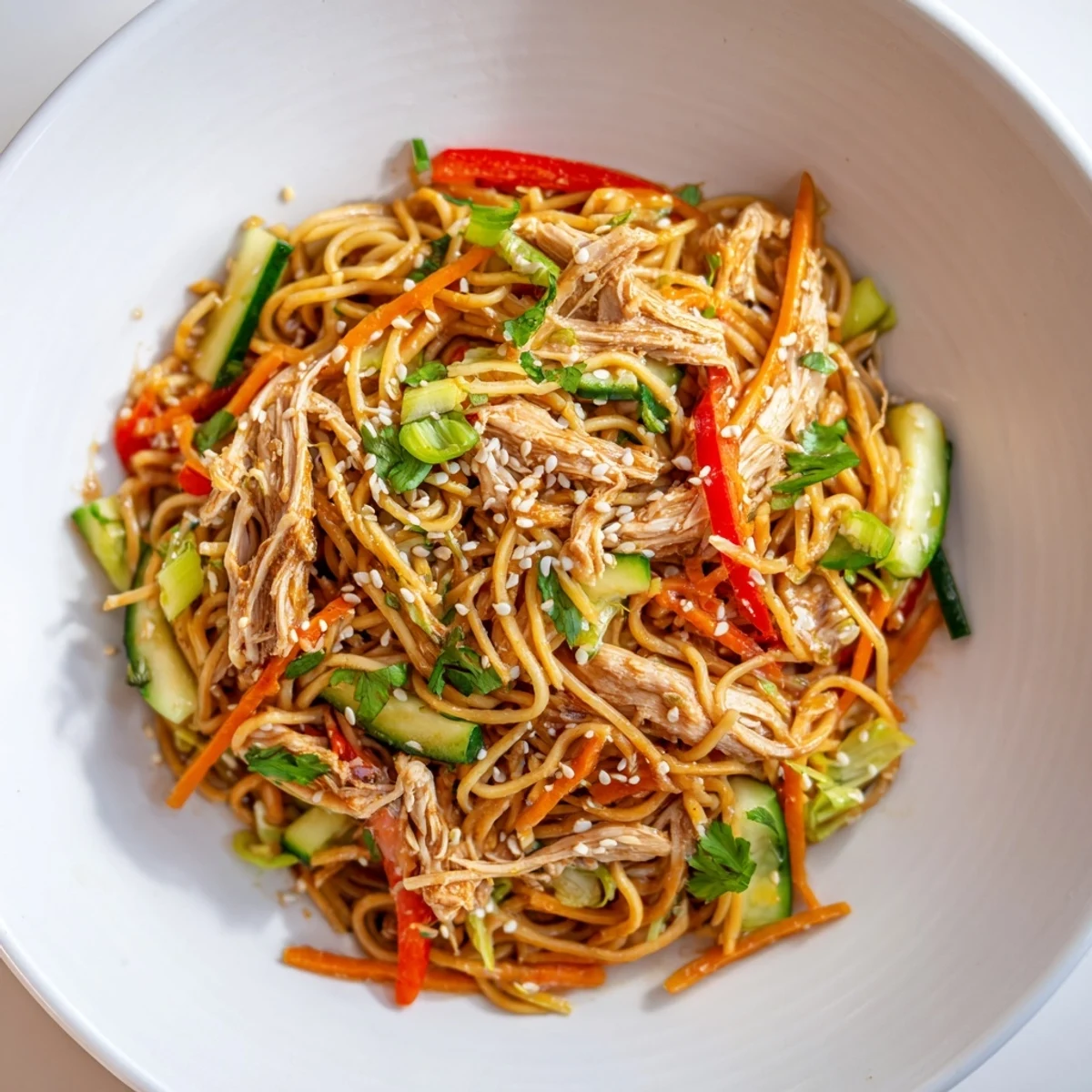 Enjoy a close-up of this delicious Chilled Chicken Noodle Salad, perfect for a light Asian-inspired meal.