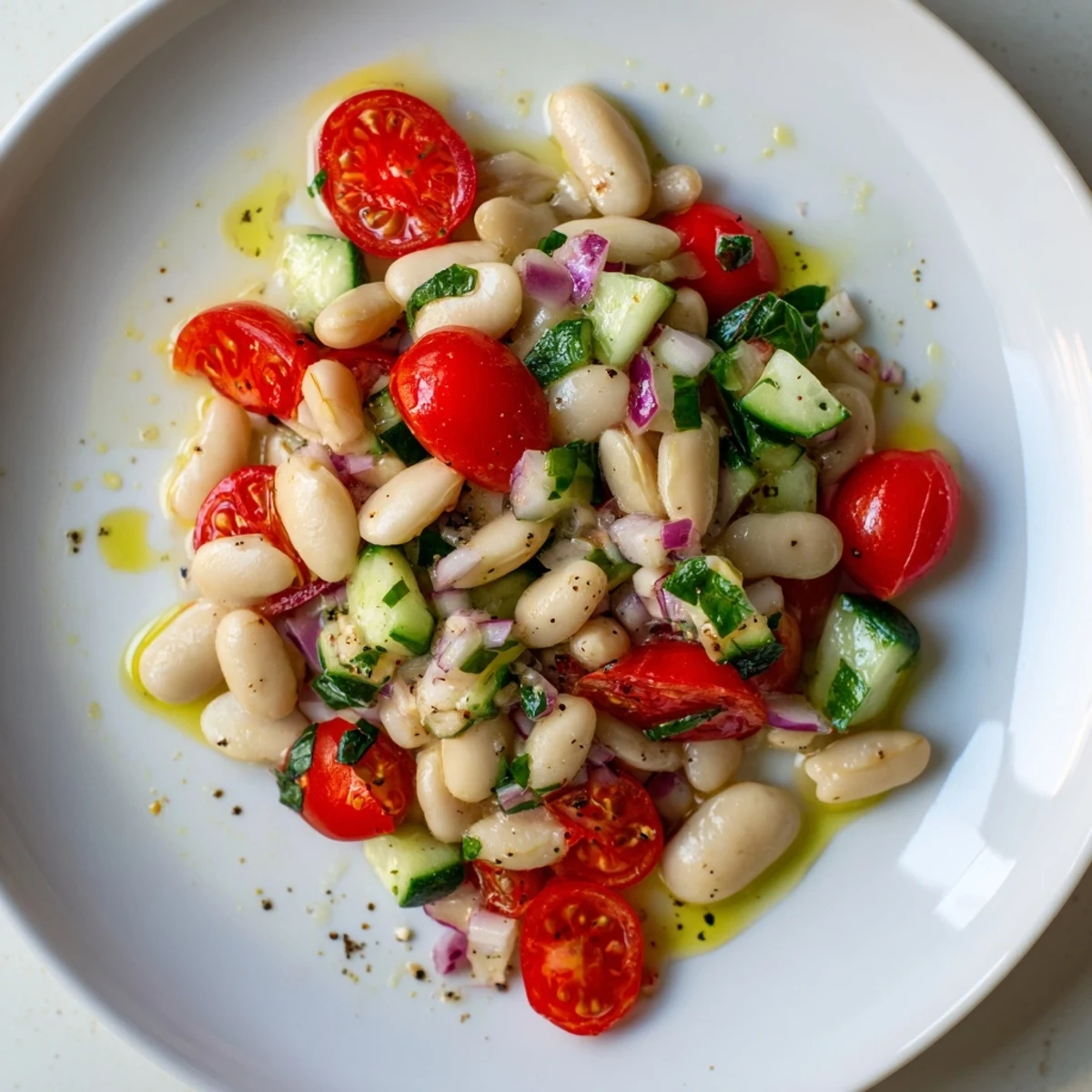 Tossed White Bean Salad: creamy cannellini beans mingling with a vibrant olive oil dressing and vegetables.