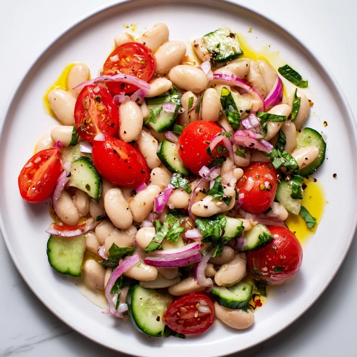 A bright bowl of White Bean Salad with juicy tomatoes and fresh herbs, ready to serve.