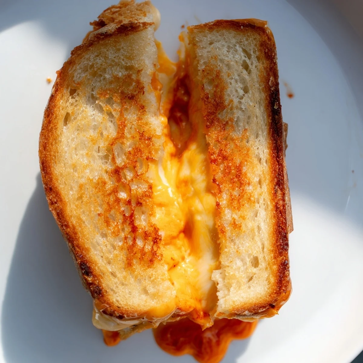 Golden, crispy Spiked Grilled Cheese with gooey cheese and spicy sriracha mayo spilling out.