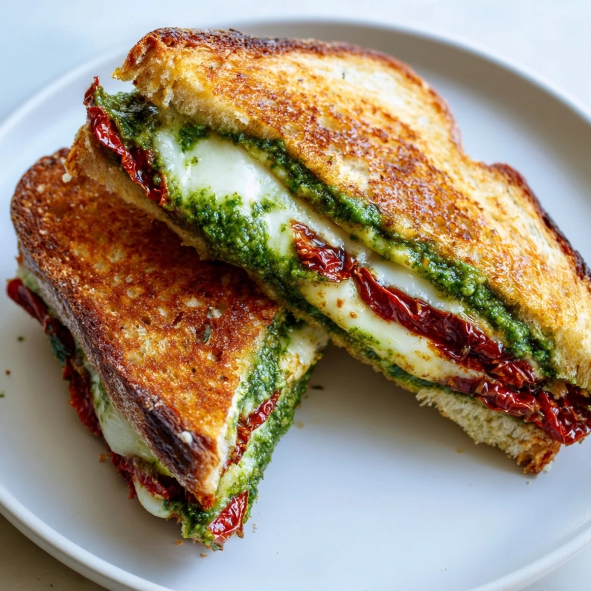 A close-up of a perfectly grilled Pesto Grilled Cheese, oozing with melted cheese and vibrant pesto.