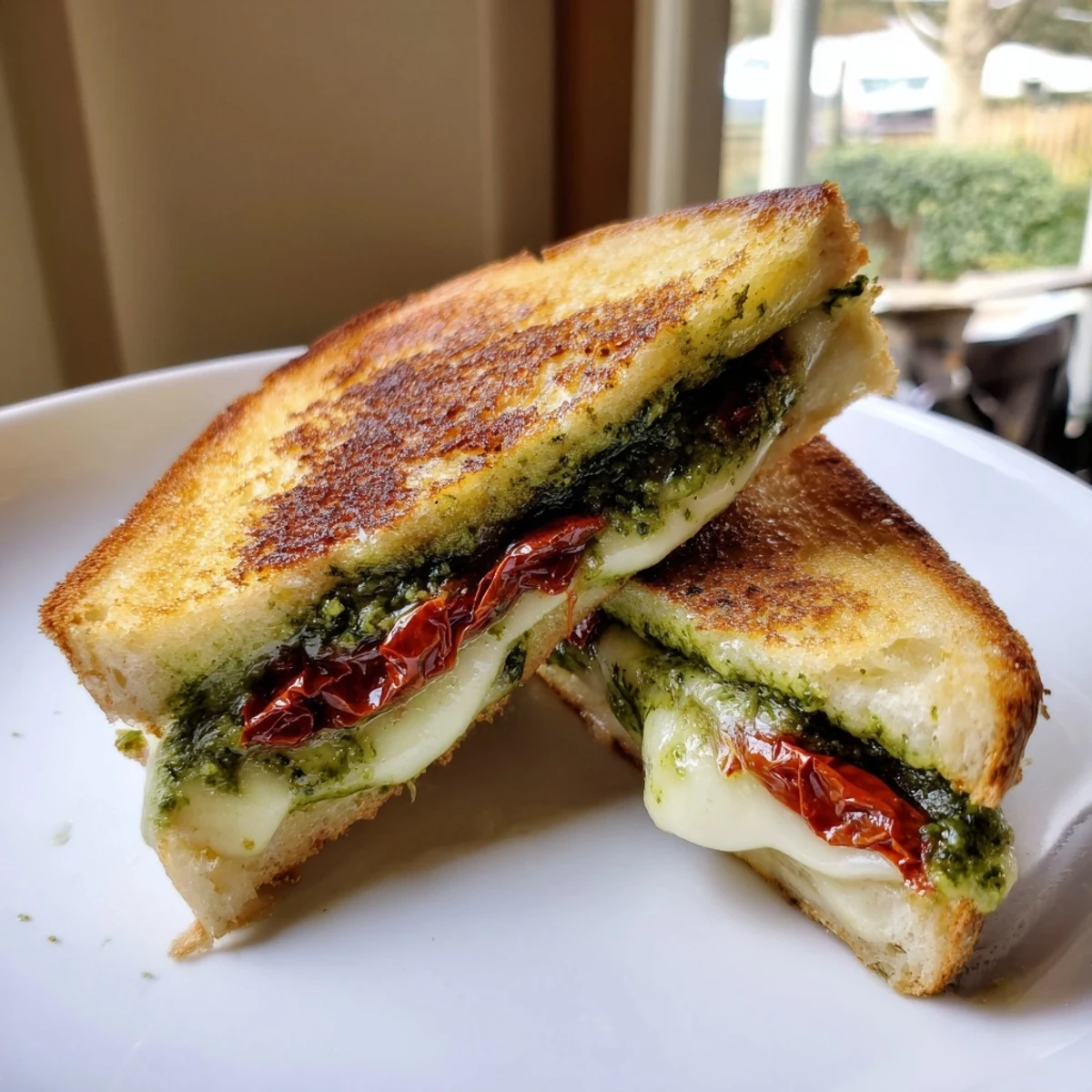 Golden, melty Pesto Grilled Cheese sandwich, showcasing bubbly mozzarella and crispy, toasted edges.