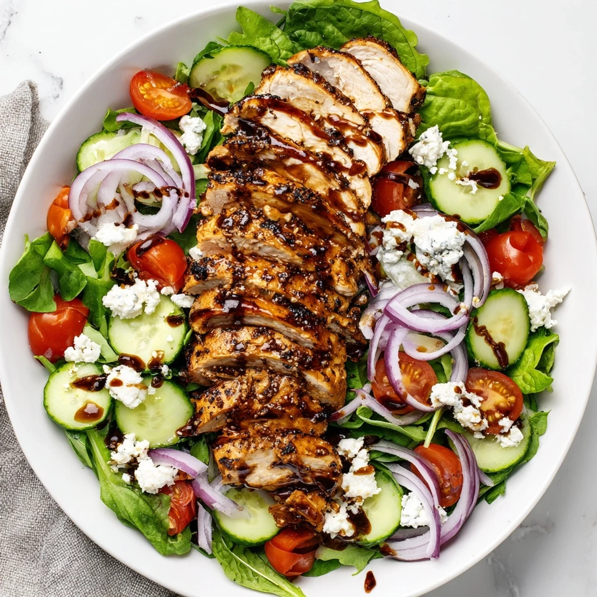 Golden-brown Quick Pan-Seared Chicken Salad, with warm chicken atop fresh salad greens and tomatoes.
