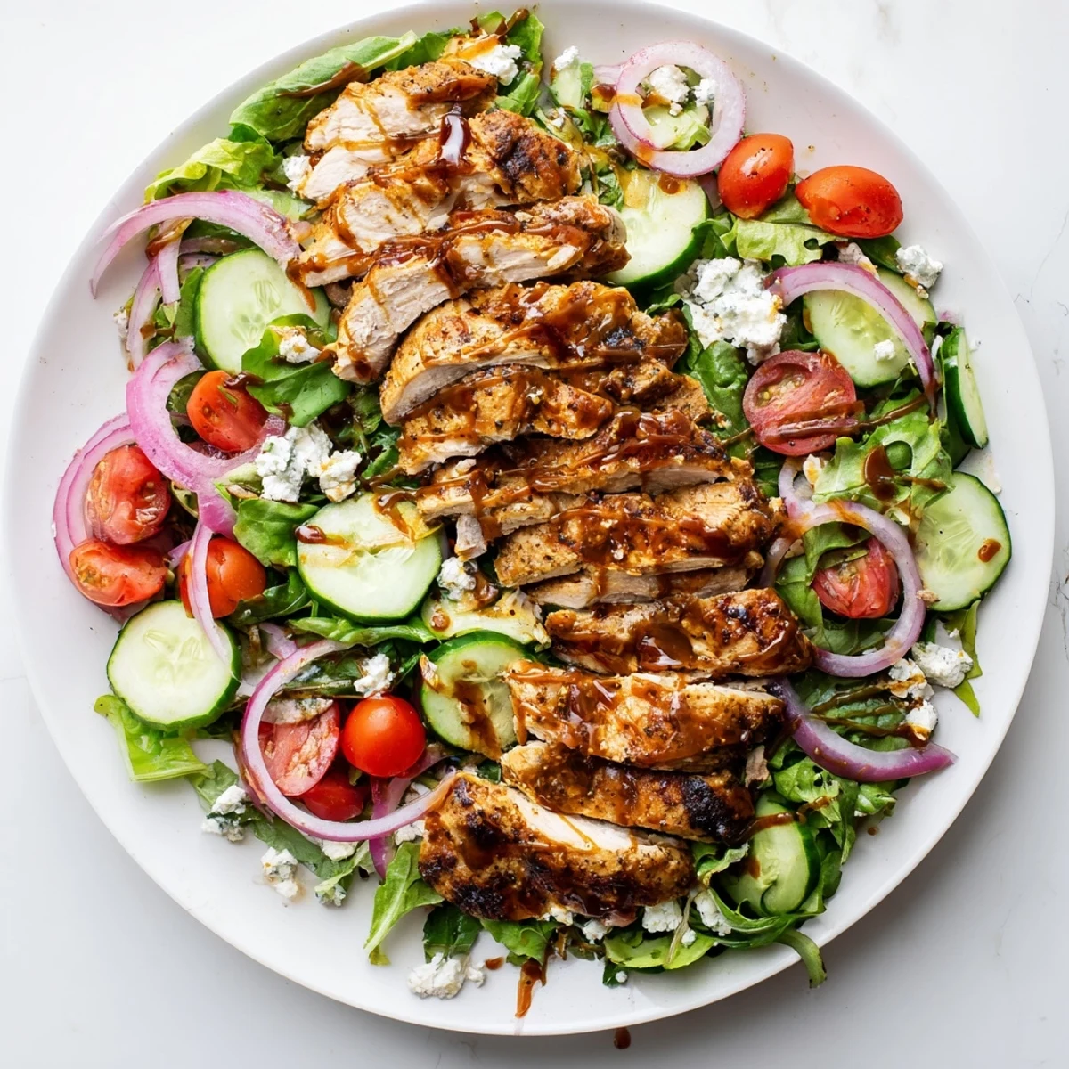 Delicious, juicy Quick Pan-Seared Chicken Salad, drizzled with balsamic vinaigrette, ready to be enjoyed.