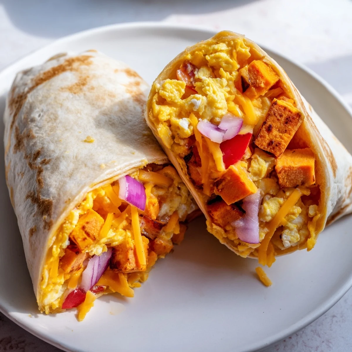 Golden-brown Sweet Potato Breakfast Burritos filled with roasted veggies and perfectly scrambled eggs.