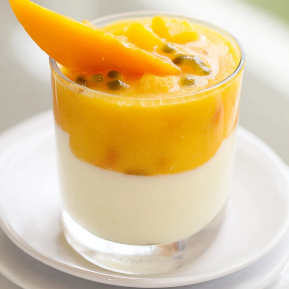 Cool and fruity Tropical Sunset Smoothie features layered mango, passion fruit, and orange colors.