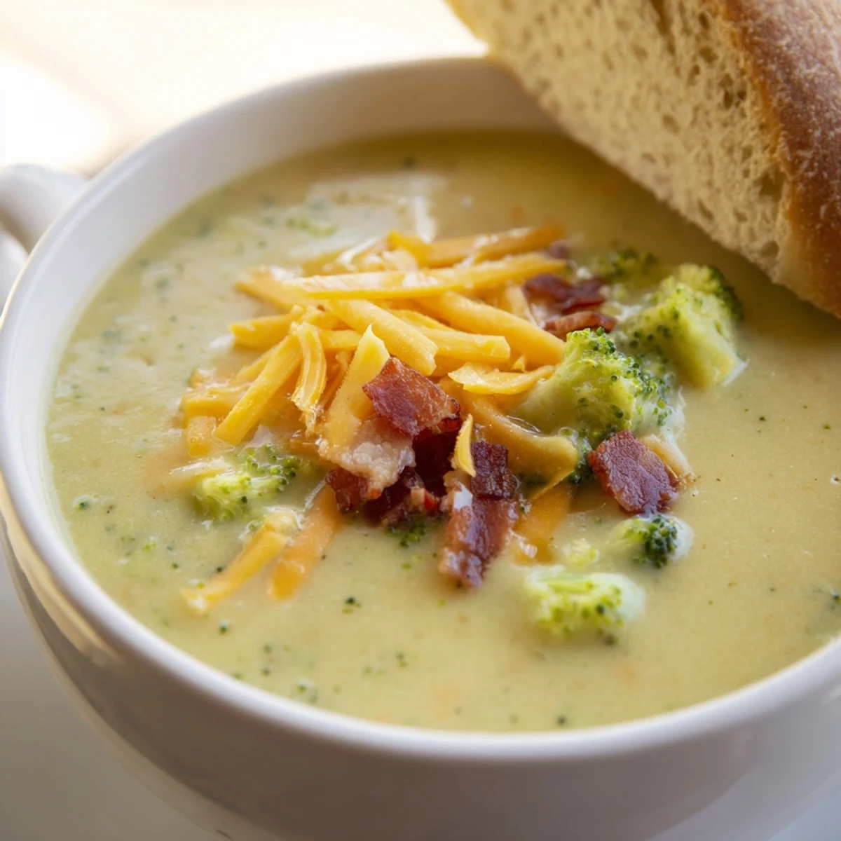 Steaming bowl of Broccoli Cheddar Soup, garnished with cheese, served with golden grilled bread.