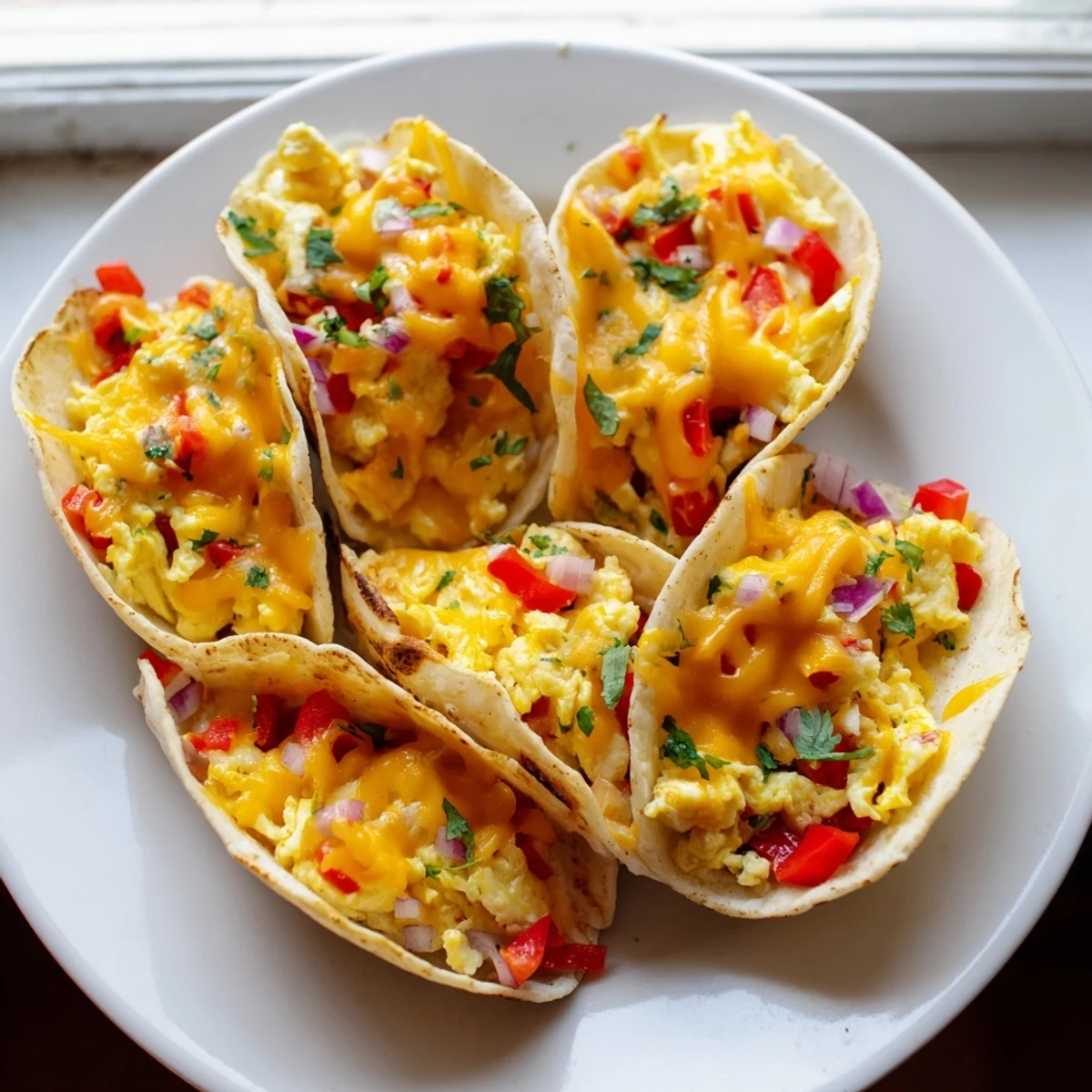 Sheet Pan Breakfast Tacos: Golden baked eggs and cheese fill crispy taco shells, ready to serve.