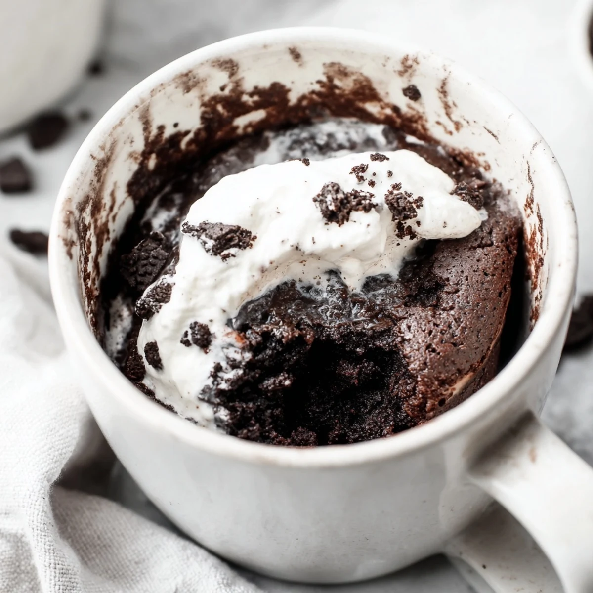 A warm, chocolatey Oreo Mug Cake, perfect for a quick and easy dessert craving.
