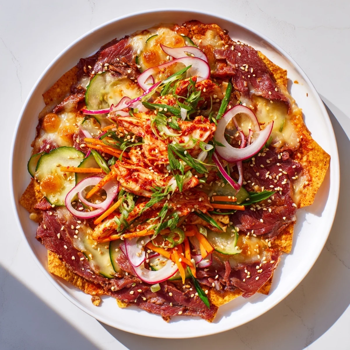 Korean BBQ Nachos: Crispy chips layered with melty cheese and tender beef, perfect for sharing and enjoying.