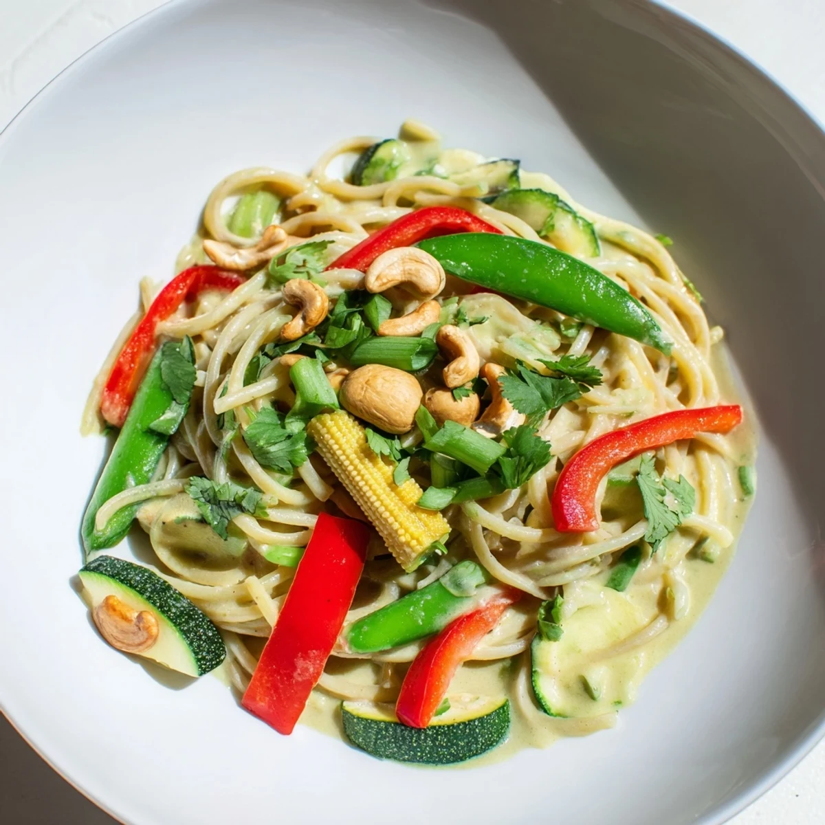 Creamy Thai Curry Pasta glistens with vegetables, a vibrant and fragrant vegetarian main dish.