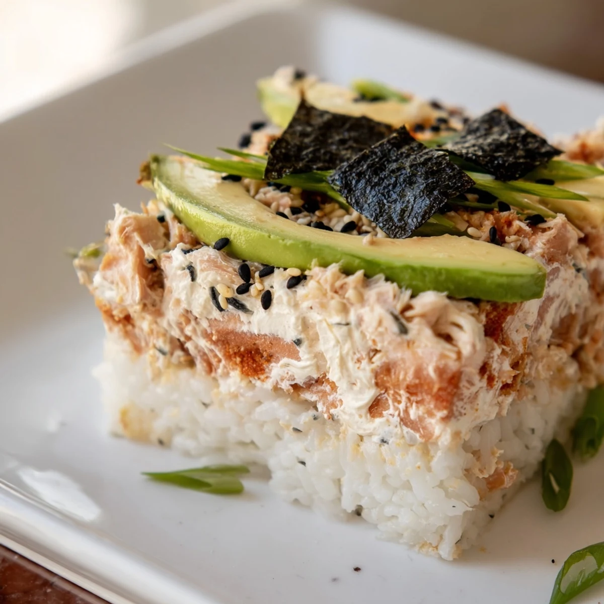 A baked Sushi Bake, showing a creamy, deconstructed casserole with nori and sesame seeds.