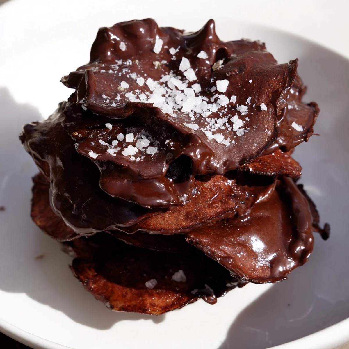 Delicious, layered Chocolate Potato Chip Bark with visible sea salt; a sweet & salty dessert.